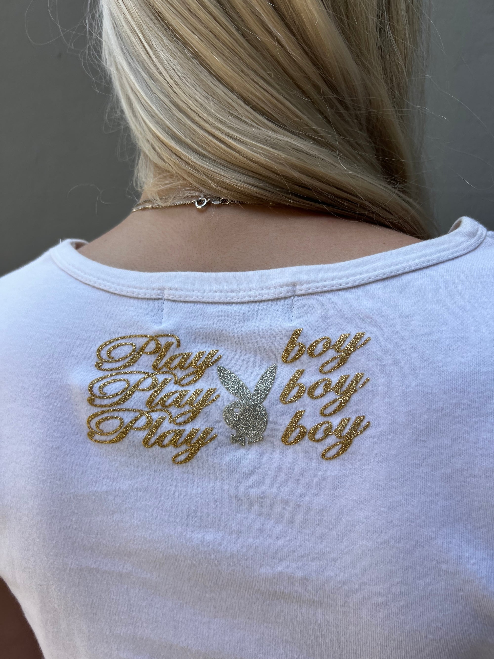 Vintage Playboy White Tee with Gold Rhinestones M