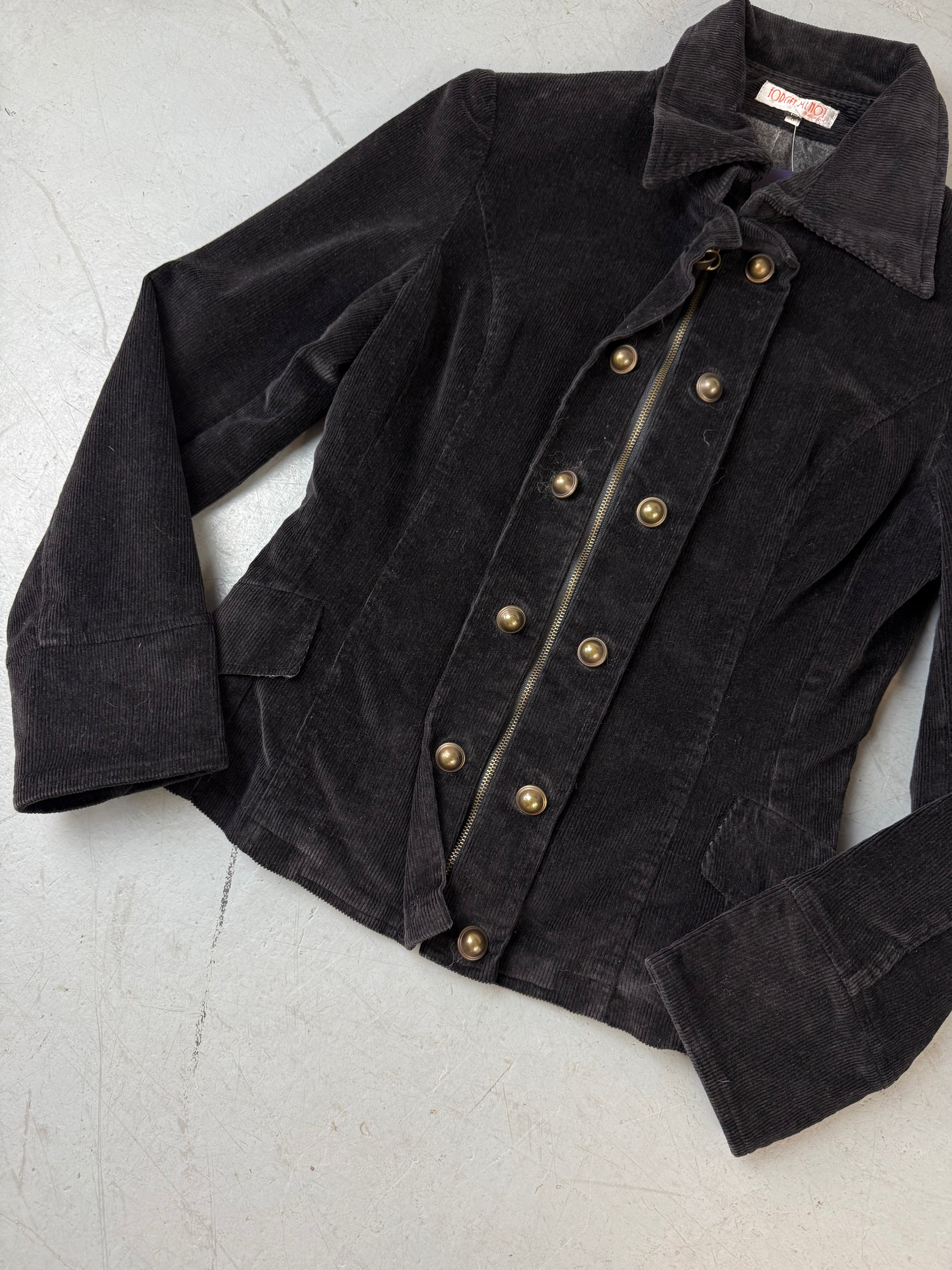 Vintage Forget Menot Black Cord Jacket mit Doppelknopfleiste für Damen. Y2K Second Hand 2000s Fashion
