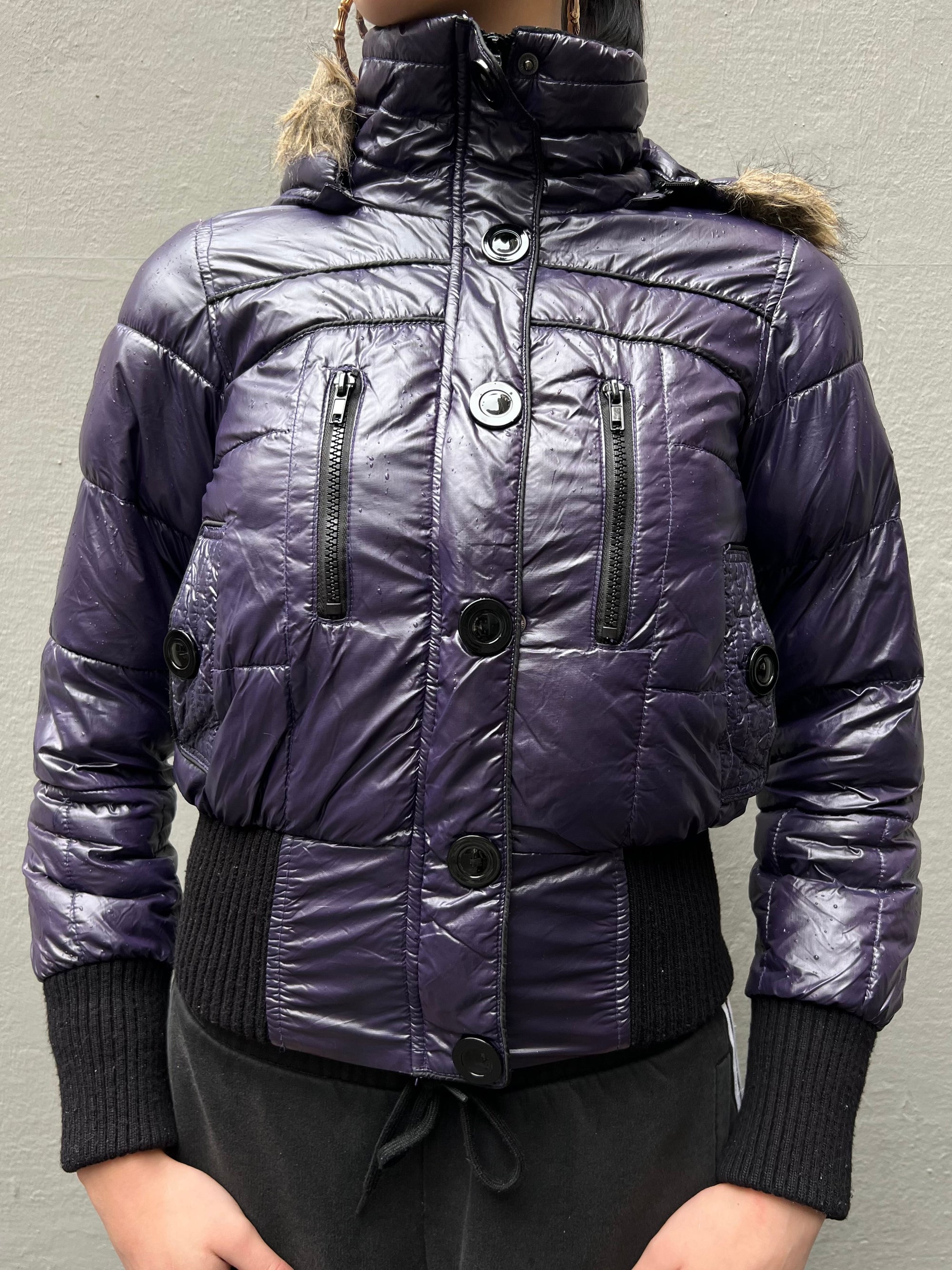 Vintage Y2K Violet Puffer Jacket with Fur Hood S