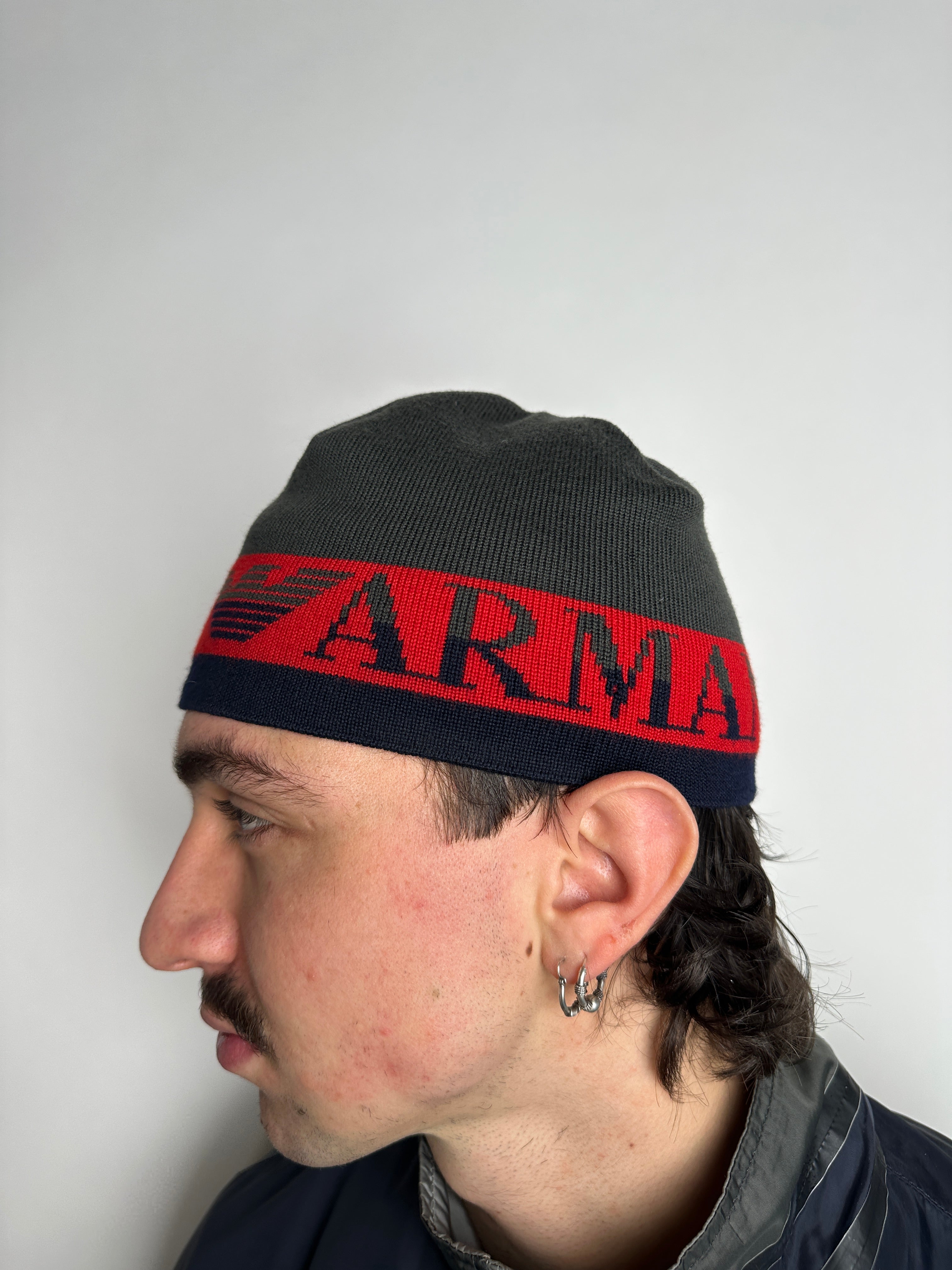 Vintage Emporio Armani Grey and Red Beanie