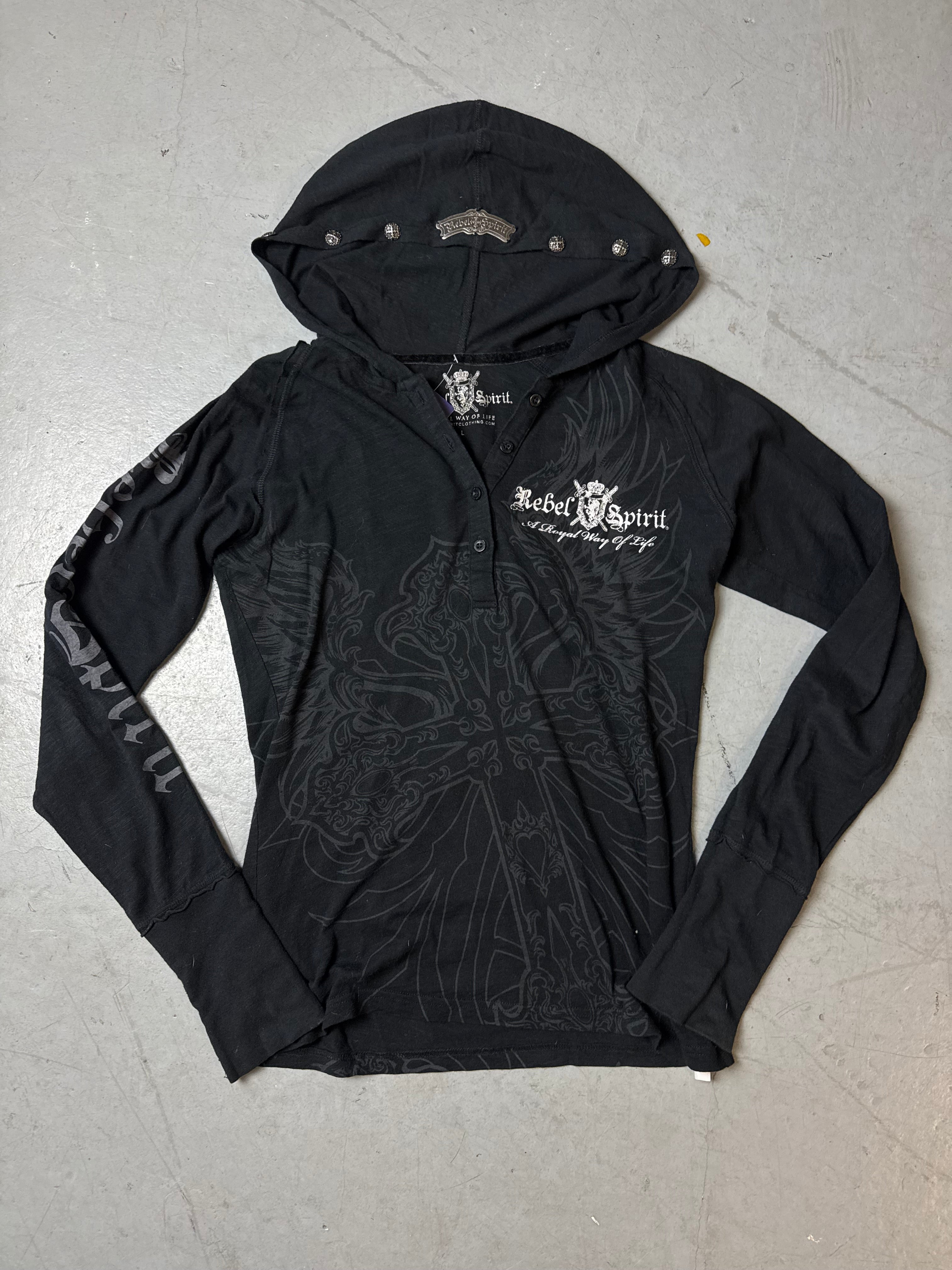 Vintage Rebel Spirit Black Hooded Longsleeve M/L