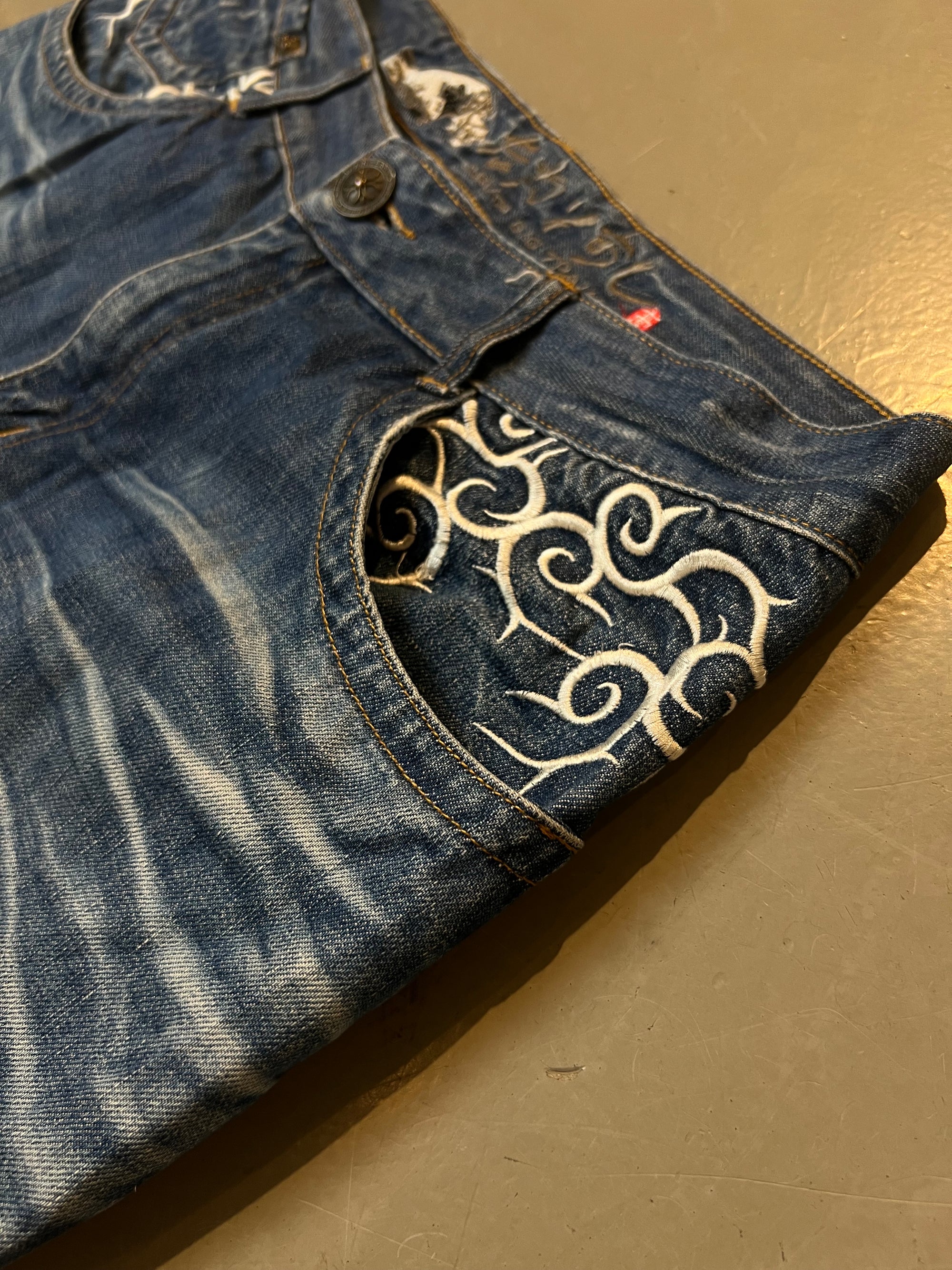 Vintage Stiched Tribal Big Train Blue Denim L/XL