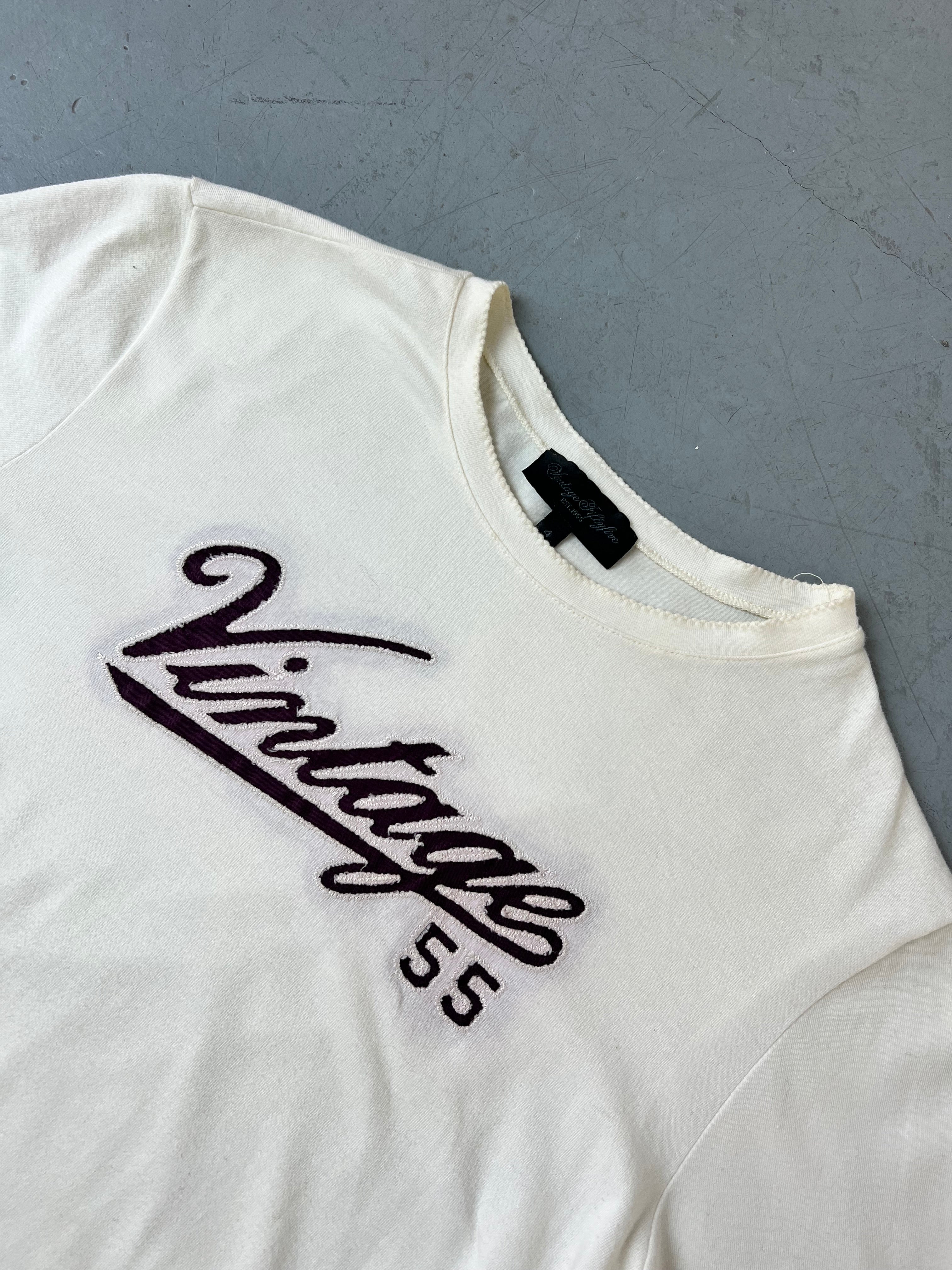 Vintage Fiftyfive White Printed Longsleeve für Damen. Y2K Second Hand 2000s Fashion