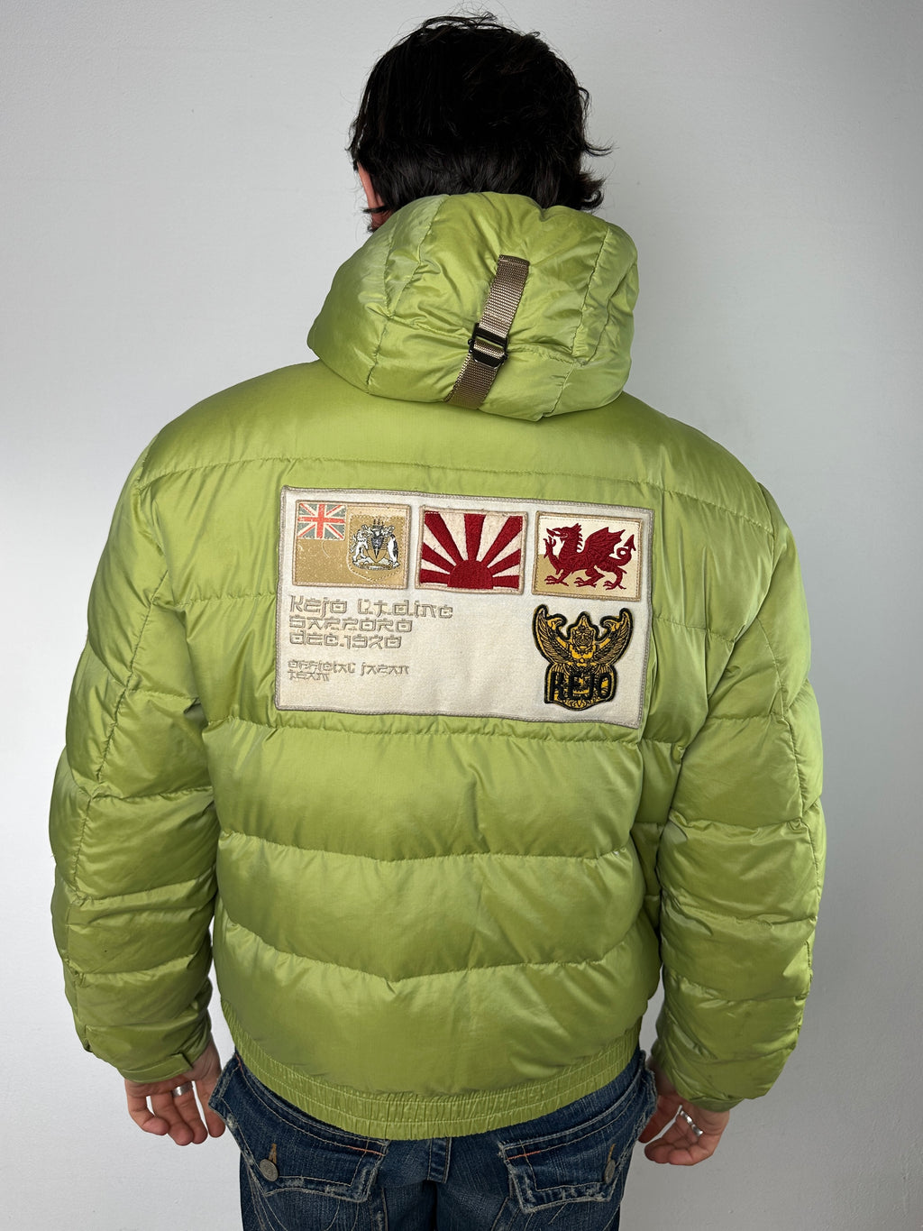 Vintage Kejo Green Patched Puffer Jacket with red details for men’s. Y2K Second Hand 2000s Fashion 