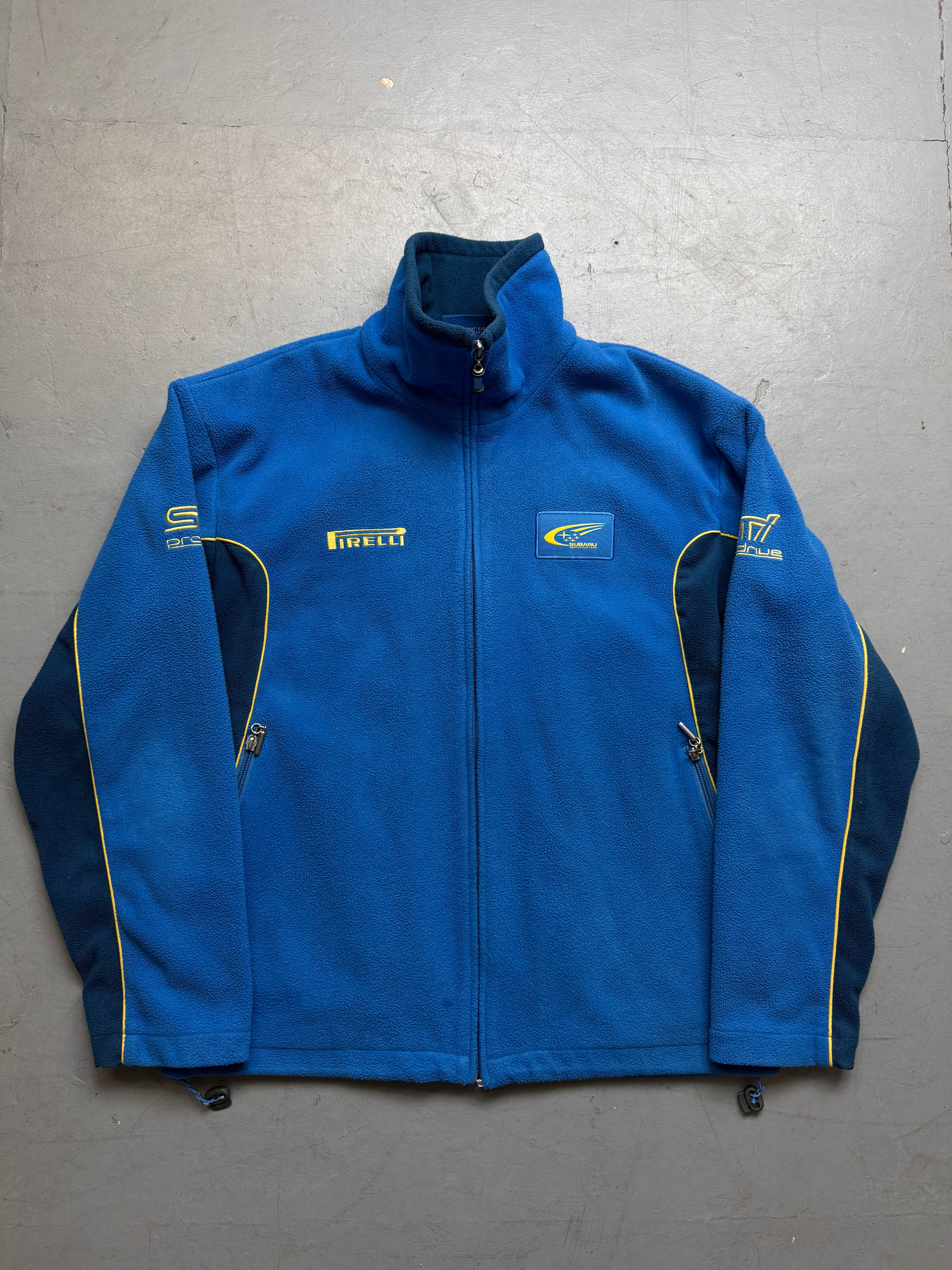 Vintage Subaru Pirelli Blue Fleece Sweater with nice details for boys. Y2K Second Hand 2000s Fashion 