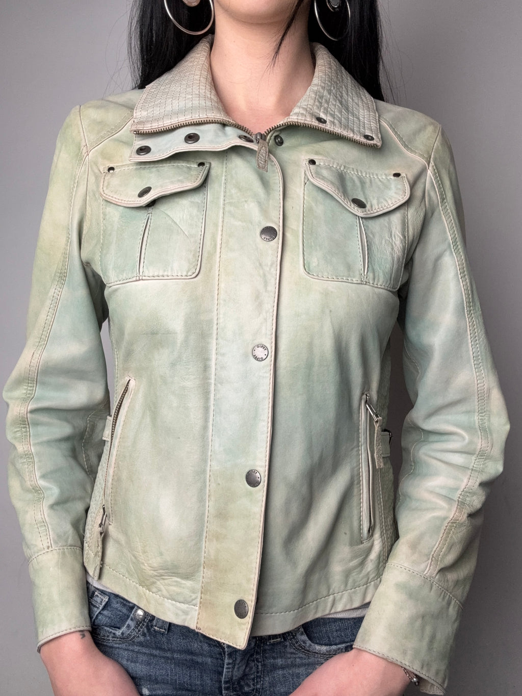 Vintage Gipsy Mint Green Leather Jacket Whit nice details for girls. Y2K Second Hand 2000s Fashion 