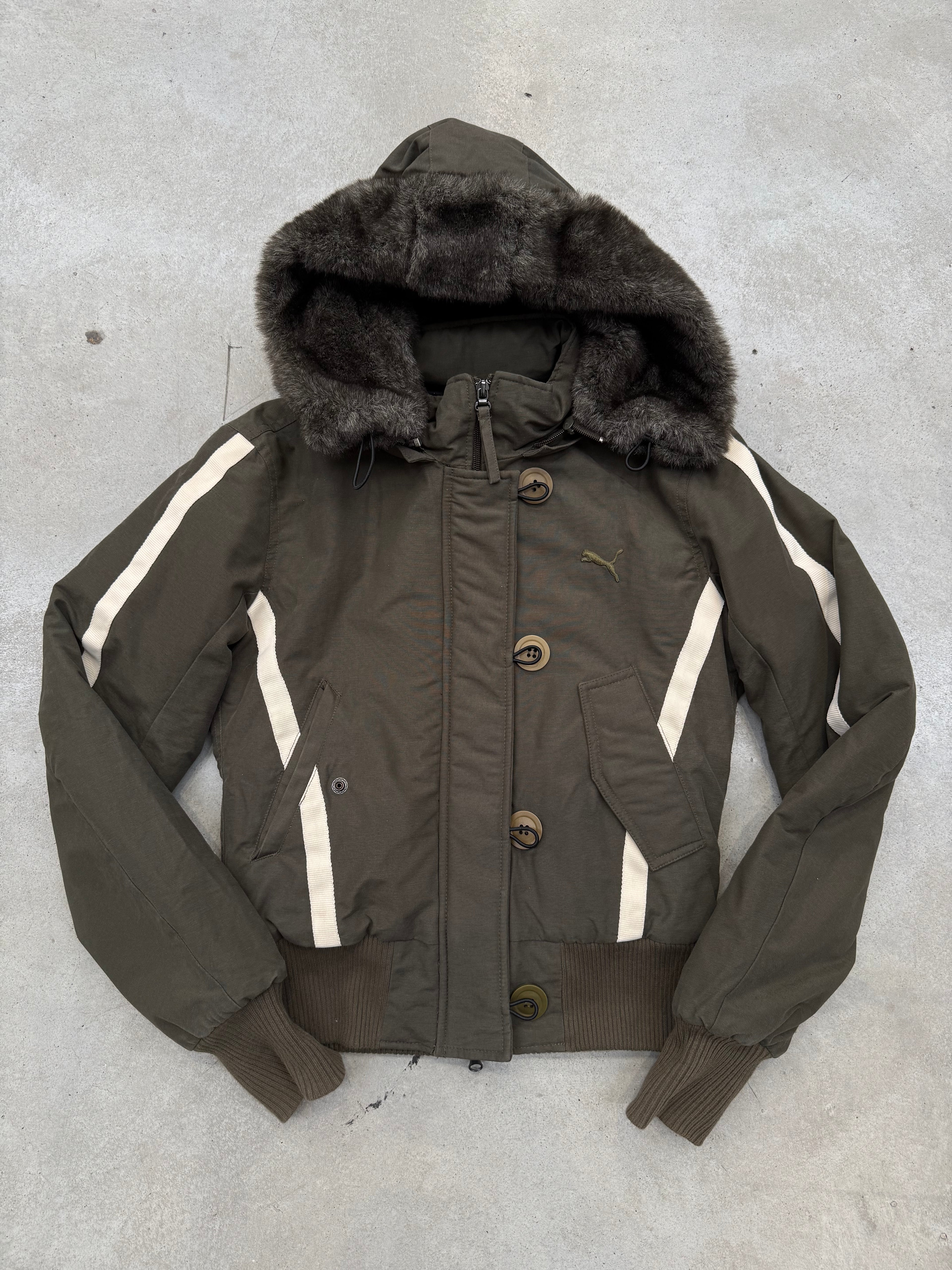 Vintage Puma Green Cropped Jacket with Faux Fur Hood M
