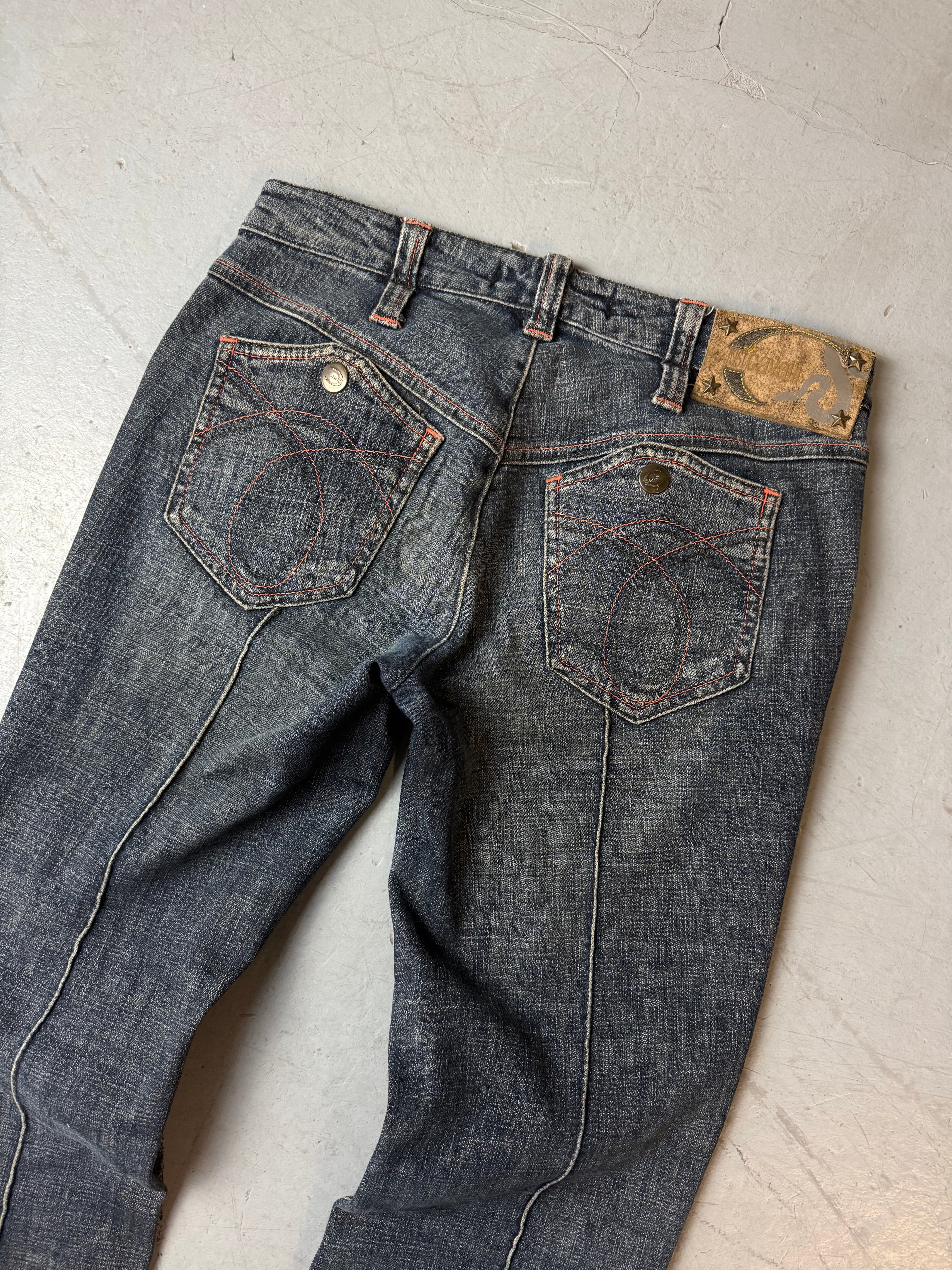 Vintage Just Cavalli Grey Blue Low Waist Bootcut Jeans für Damen. Y2K Second Hand 2000s Fashion