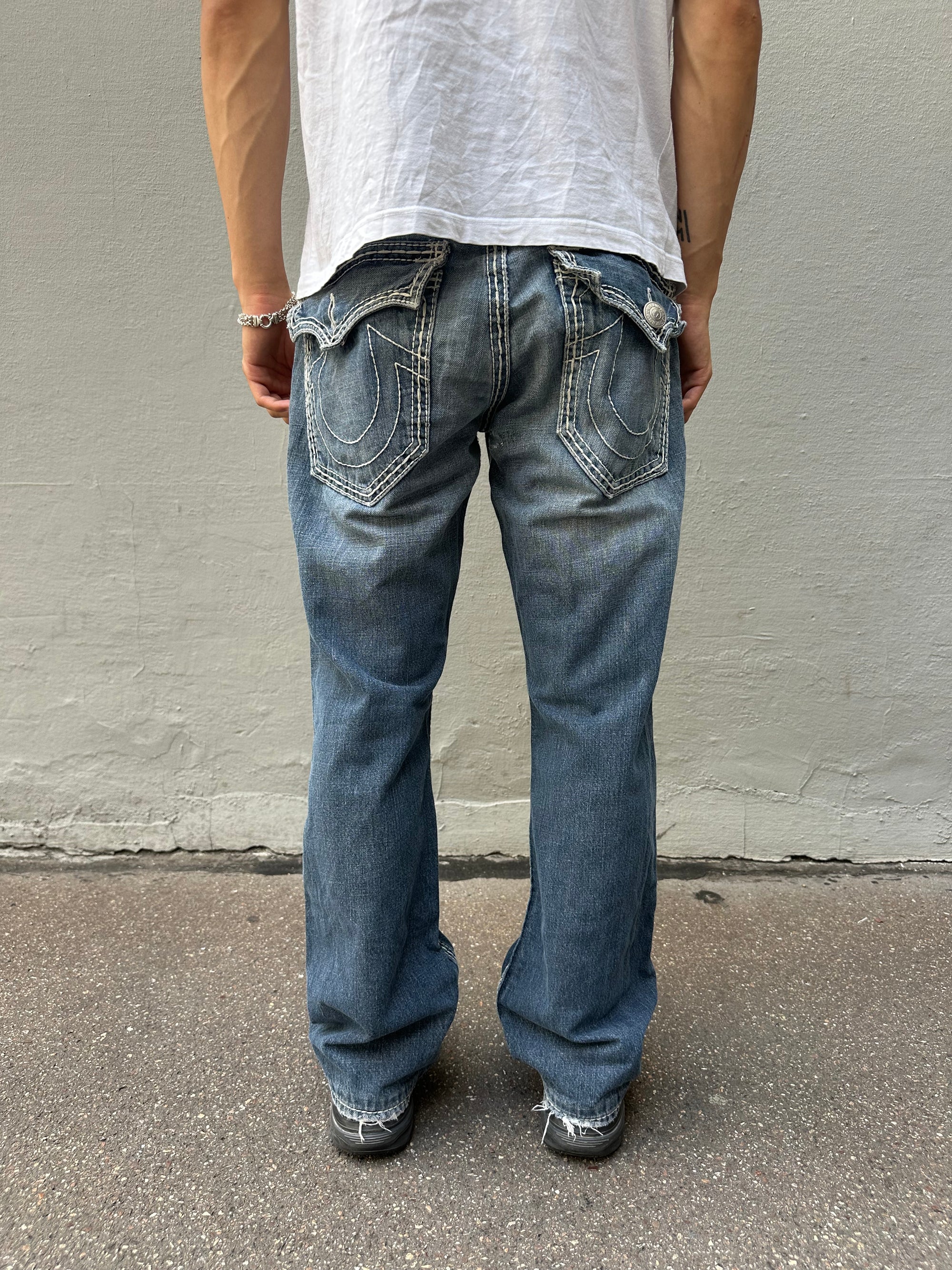 Vintage Grey Blue True Religion White Stiched Denim L/XL