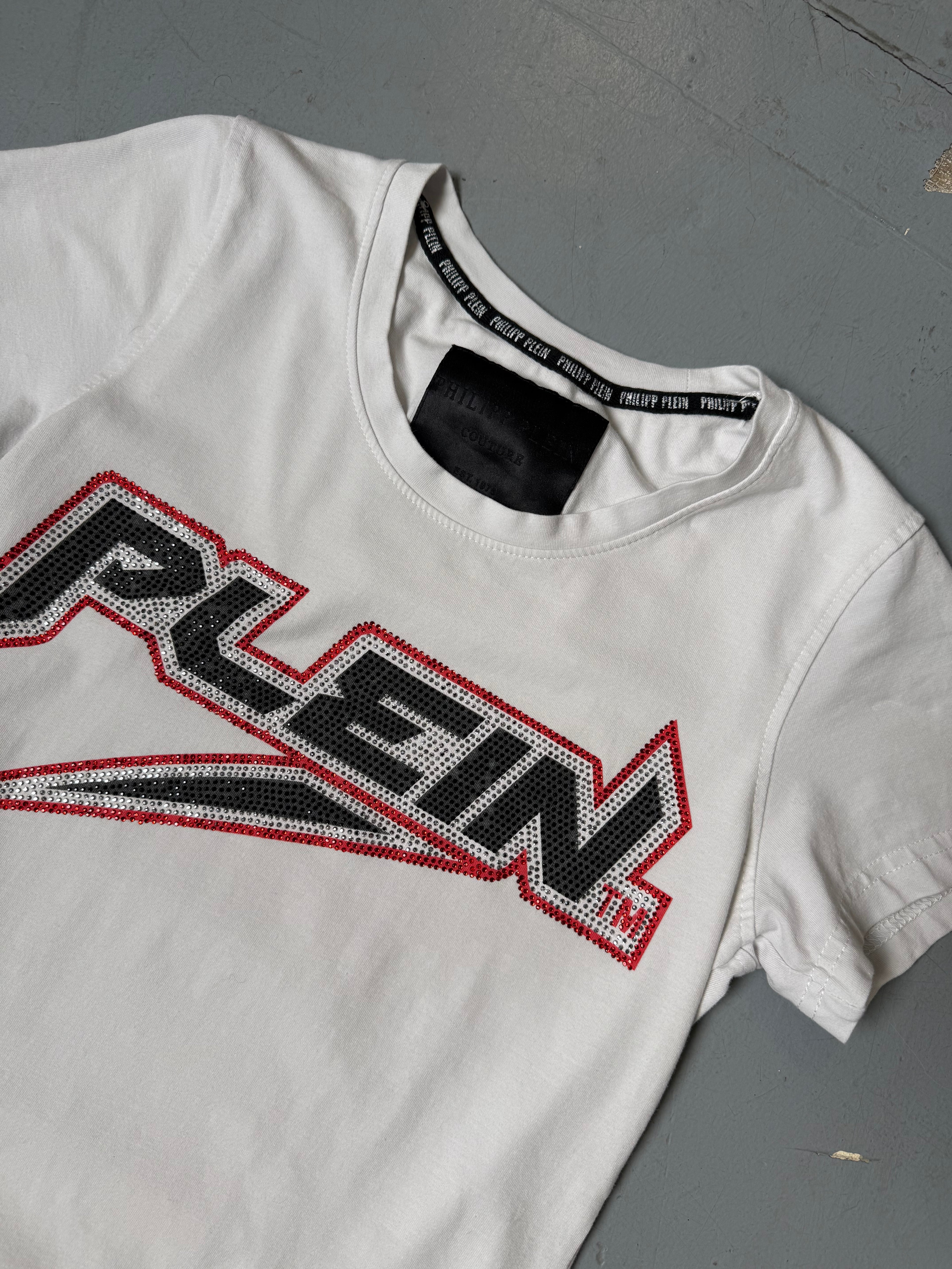 Vintage Philipp Plein Rhinestone Print T-Shirt für Damen. Y2K Secondhand 2000s Fashion.