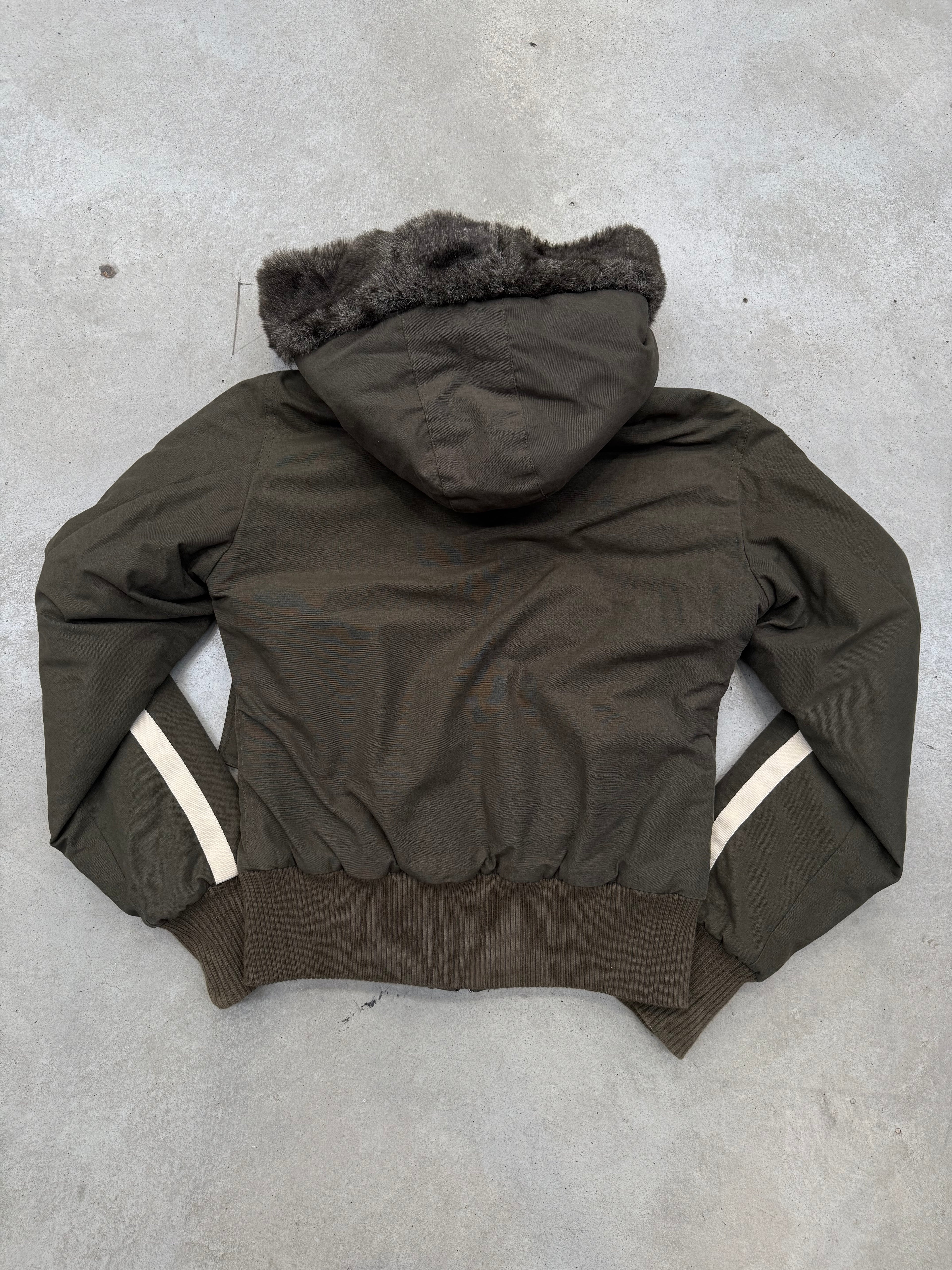 Vintage Puma Green Cropped Jacket with Faux Fur Hood M