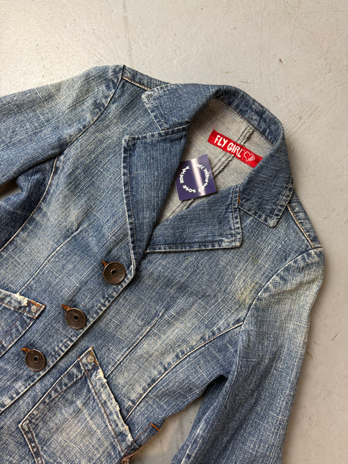 Vintage Fly Girl Denim Blazer Jacket für Damen . Y2K Second Hand 2000s Fashion