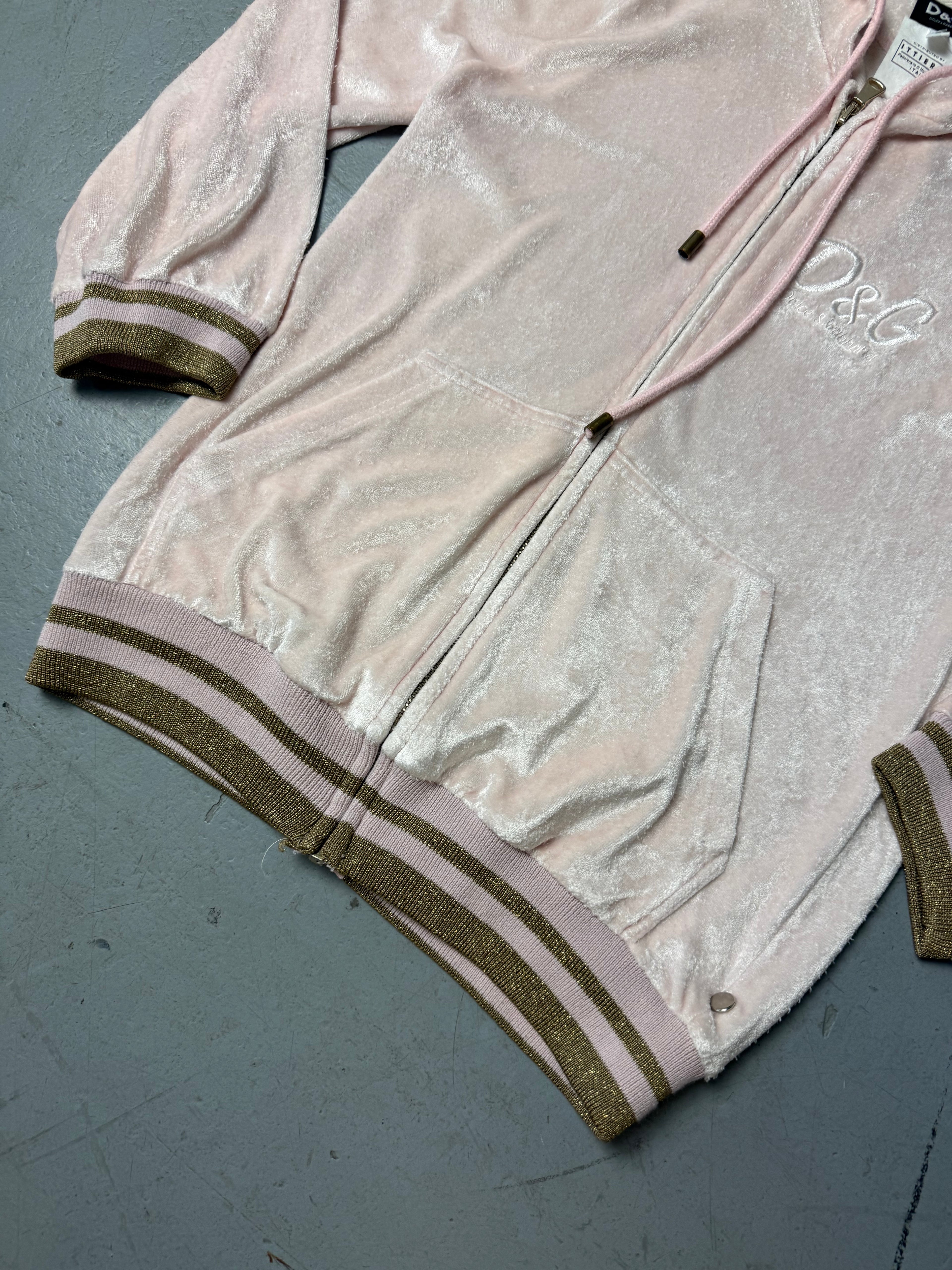 Vintage Dolce&Gabbana Baby Pink Velvet Zip Up Hoodie for girls. Y2K Second Hand 2000s Fashion 