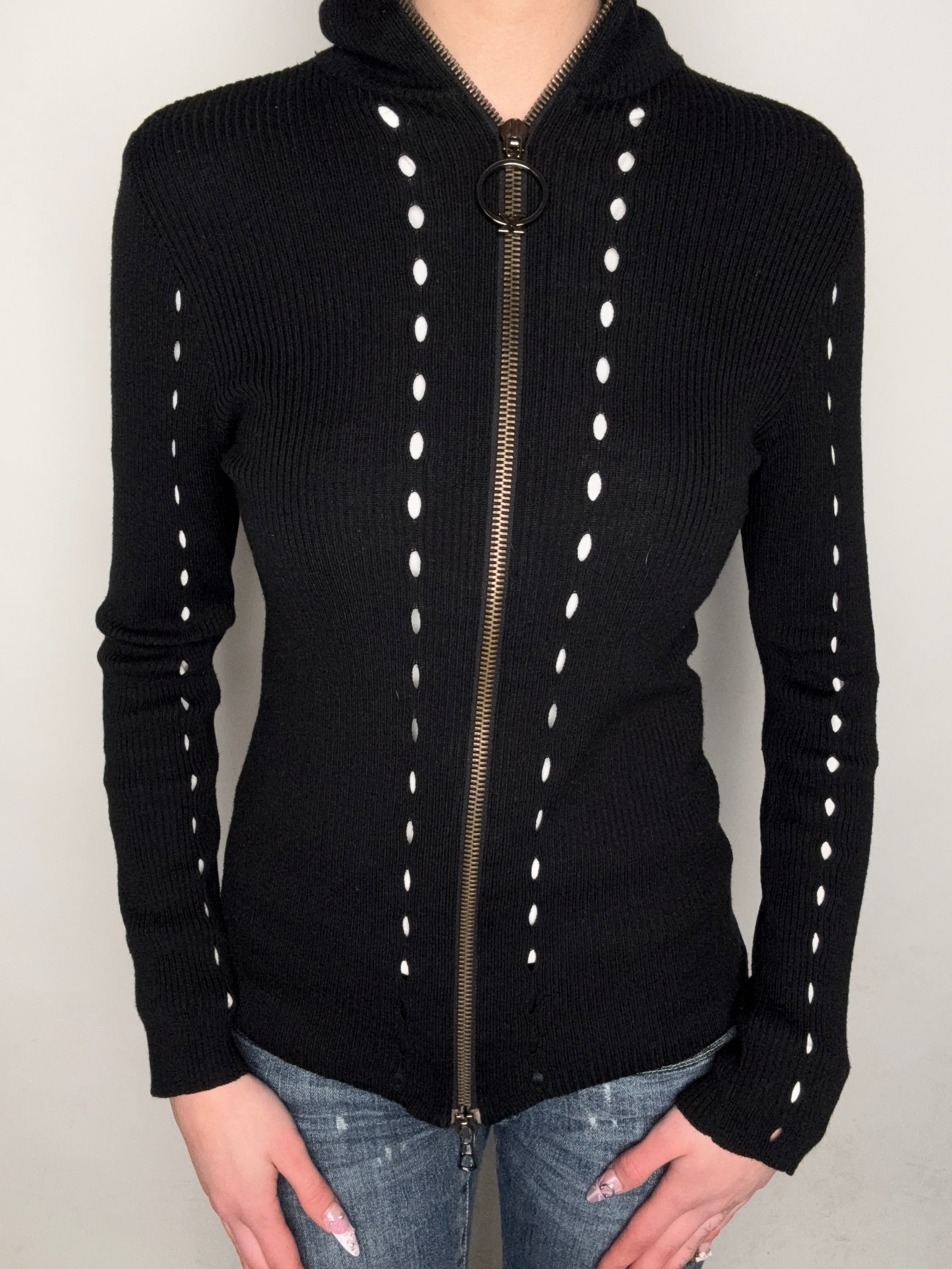 Vintage Richmond Black Knit Zip Jacket für Damen. Y2K Secondhand 2000s Fashion.