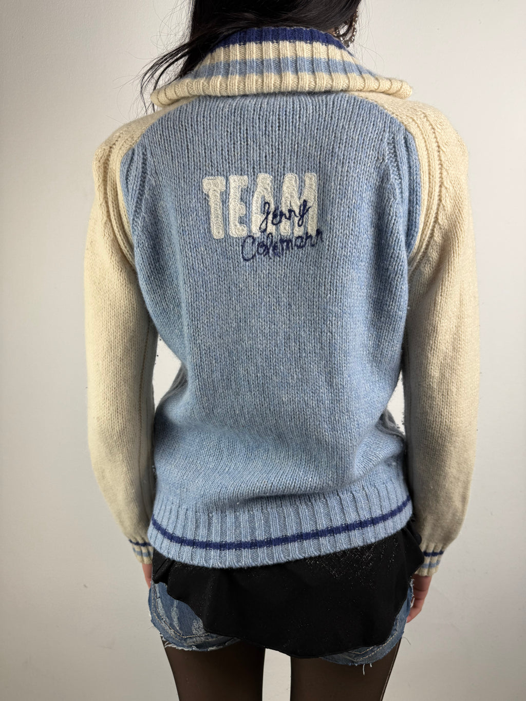 Vintage Guru Blue and Cream Knit Zip Up M