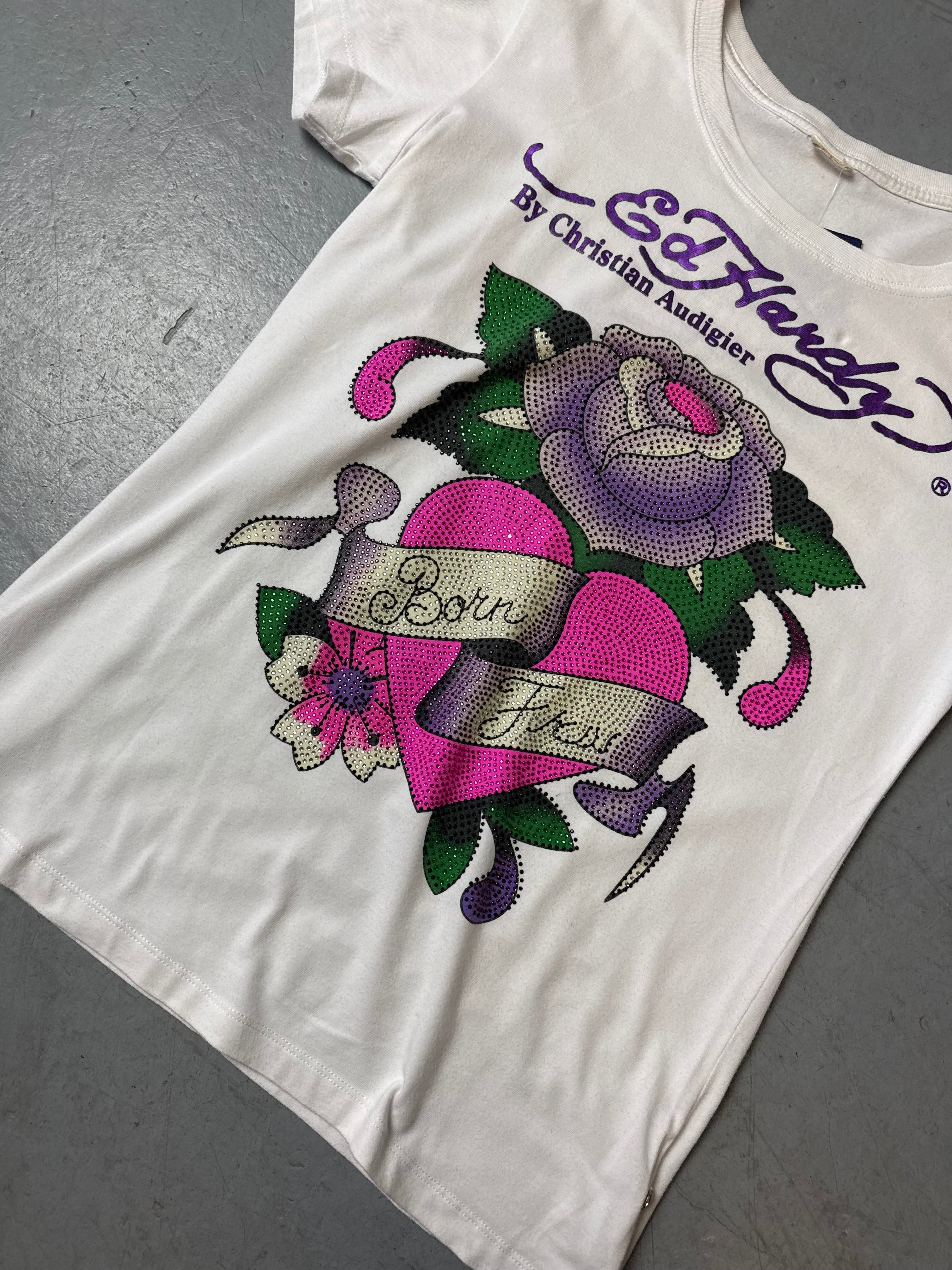 Vintage Ed Hardy White T-Shirt with Rhinestone Roses M