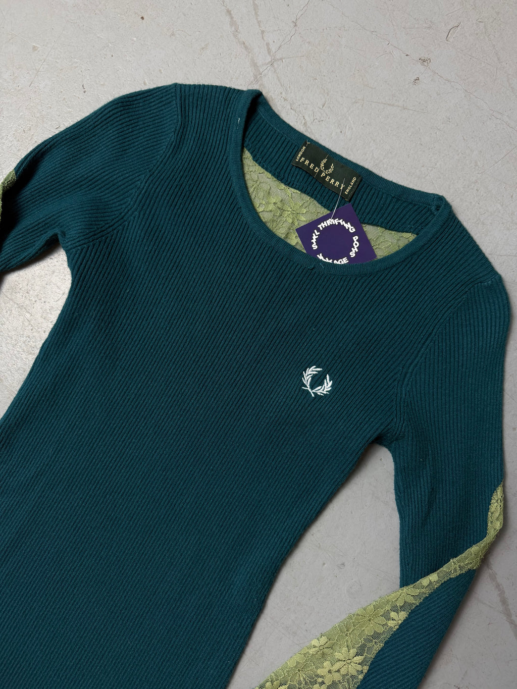 Vintage Fred Perry Turquoise Ribbed Sweater with Lace Details for girls. Y2K Second Hand 2000s Fashion 