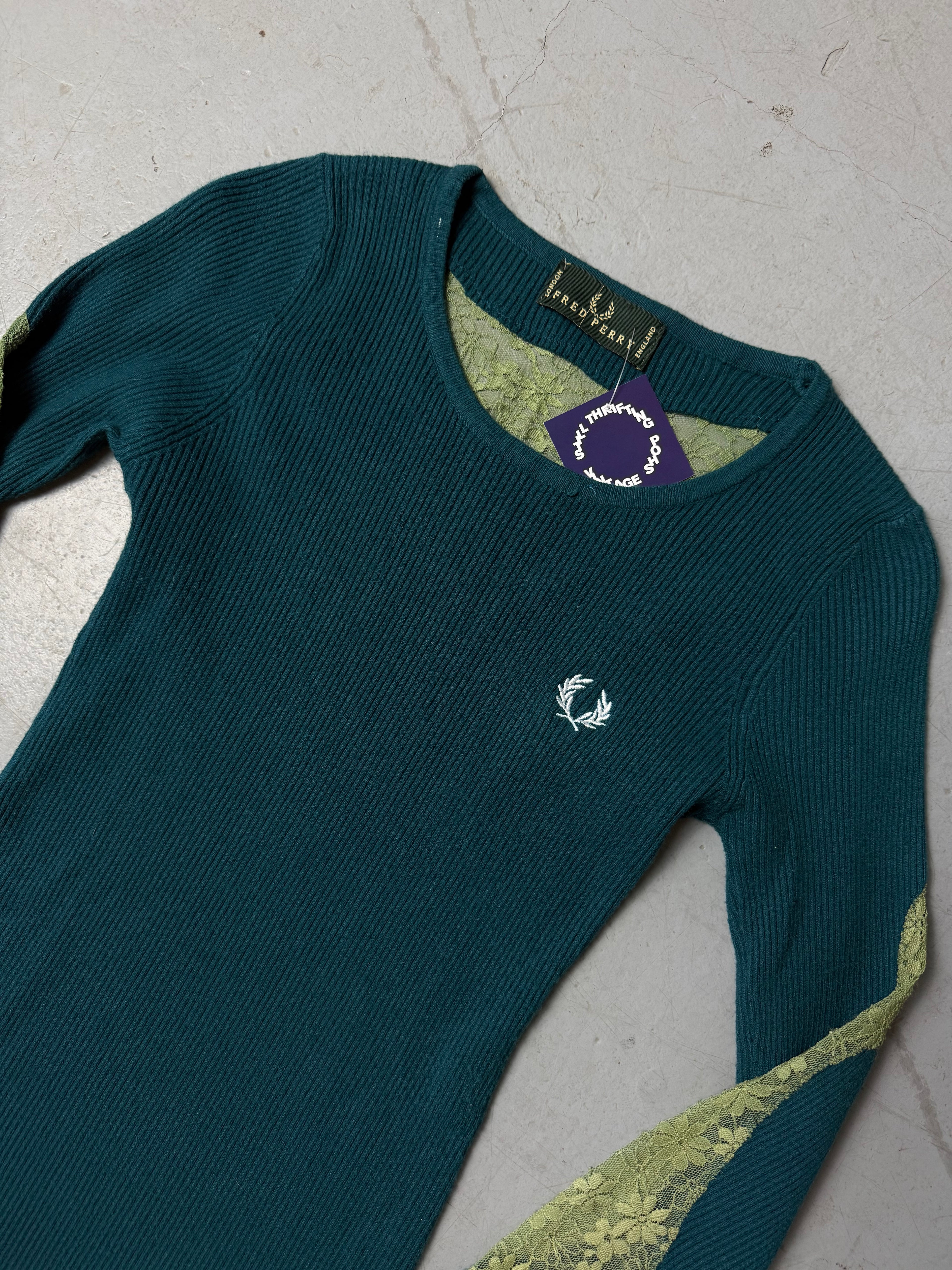 Vintage Fred Perry Turquoise Ribbed Sweater with Lace Details for girls. Y2K Second Hand 2000s Fashion 