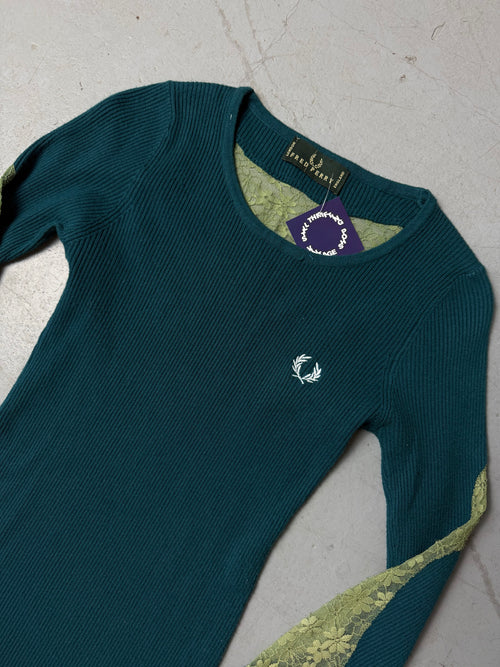 Vintage Fred Perry Turquoise Ribbed Sweater with Lace Details for girls. Y2K Second Hand 2000s Fashion 