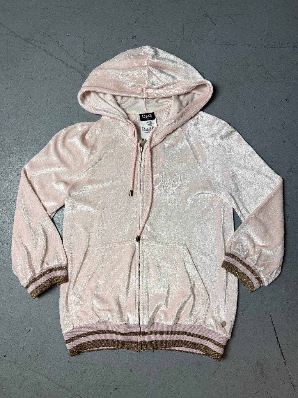 Vintage Dolce&Gabbana Baby Pink Velvet Zip Up Hoodie for girls. Y2K Second Hand 2000s Fashion 