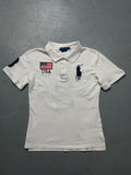 Vintage Polo Ralph Lauren White USA Polo Shirt mit Flagge für Frauen. Y2K Second Hand 2000s Fashion