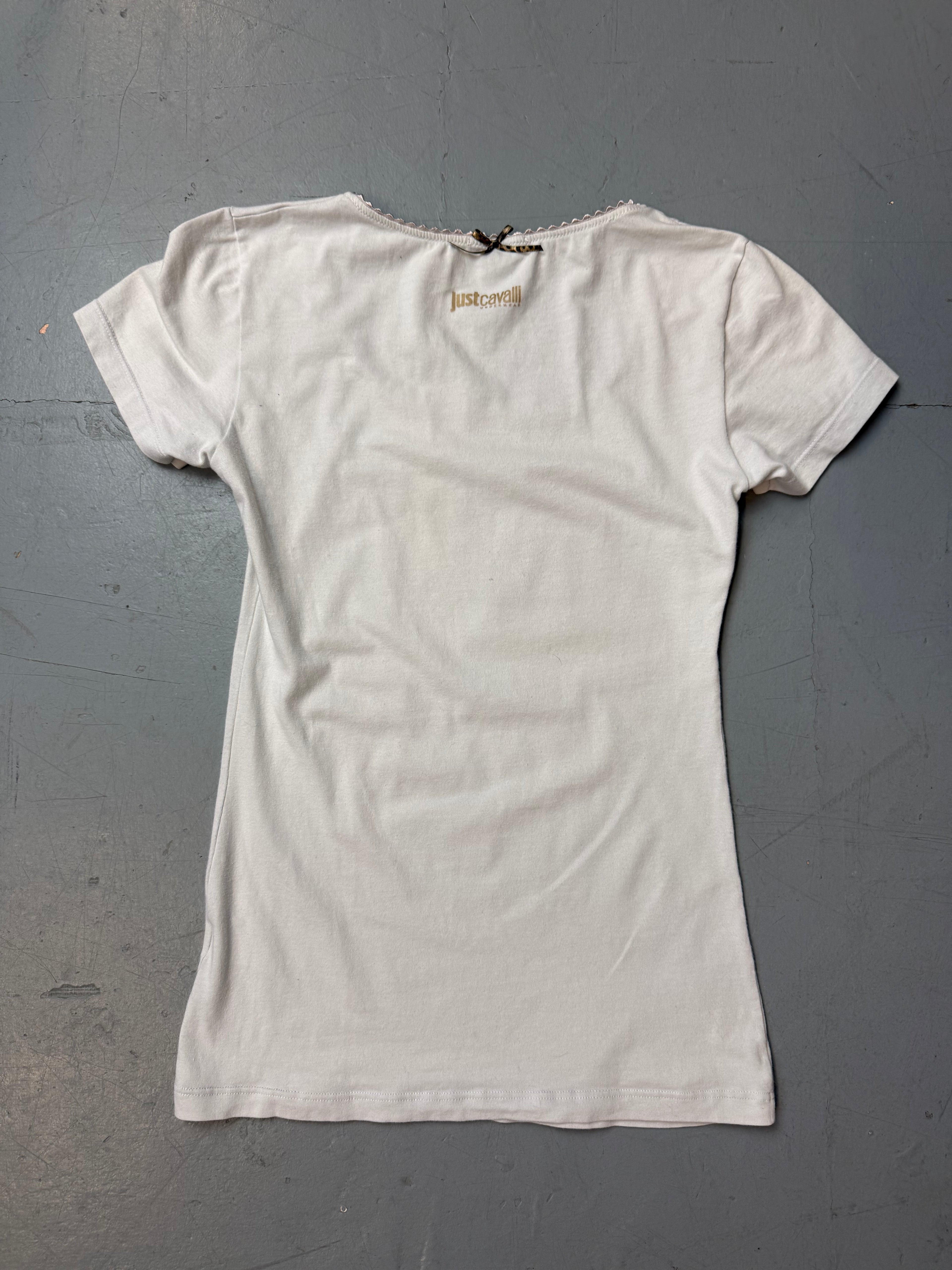 Vintage Just Cavalli White T-Shirt with Gold Glitter Logo Print S