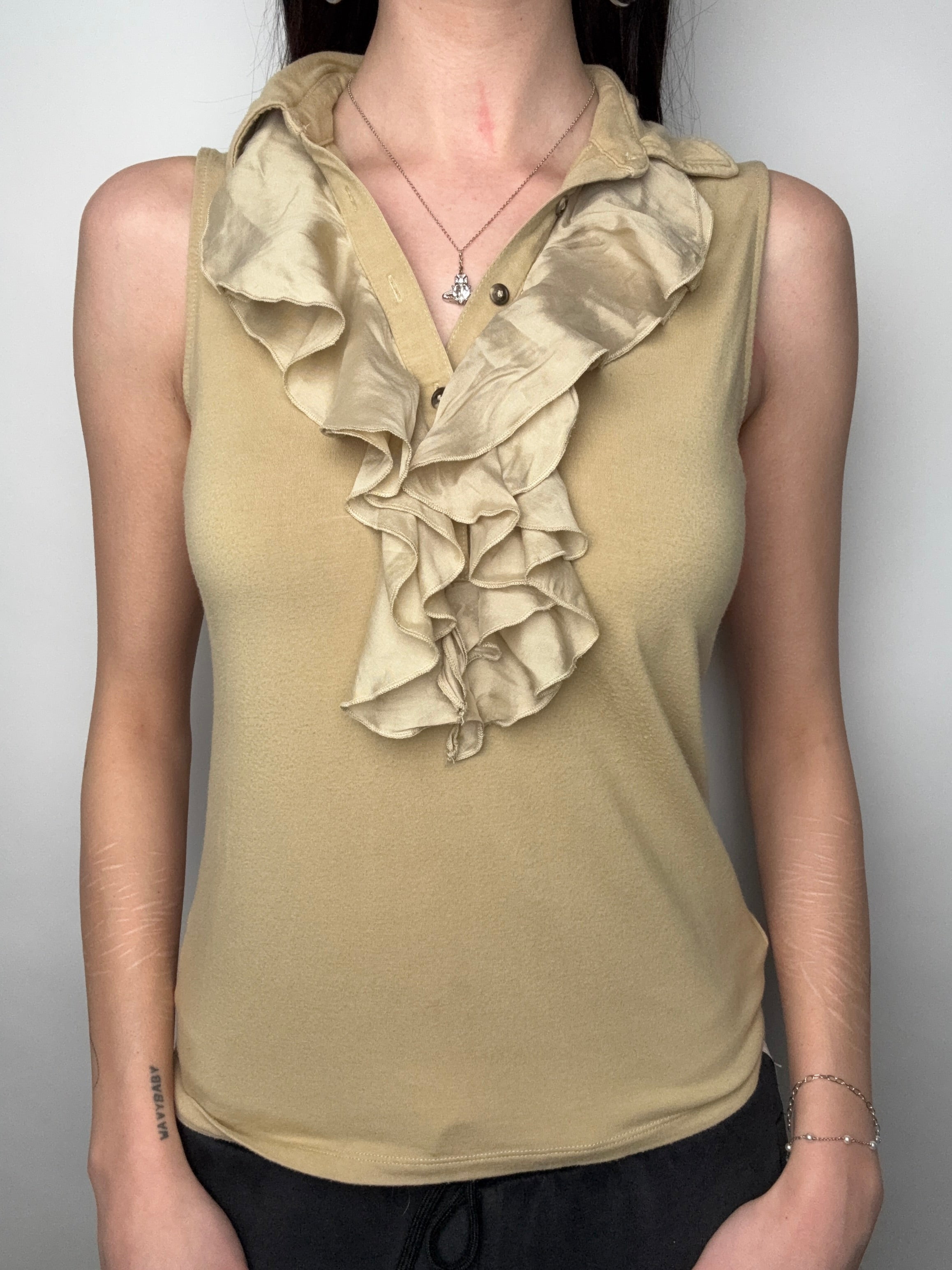 Vintage Ralph Lauren Ruffled Sleevless Blouse für Damen. Y2K Second Hand 2000s Fashion 