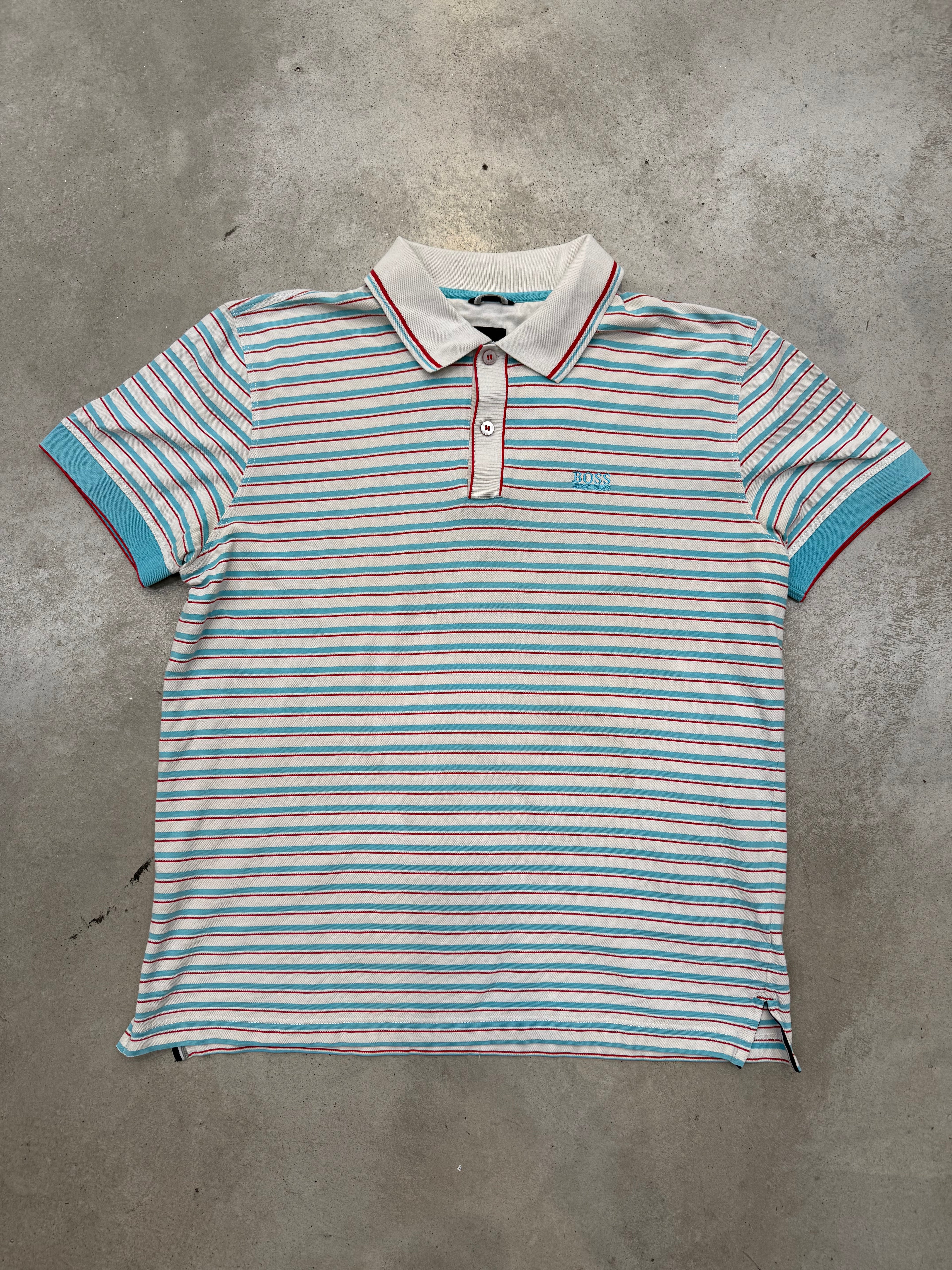Vintage Hugo Boss Light Blue Striped Polo Shirt L