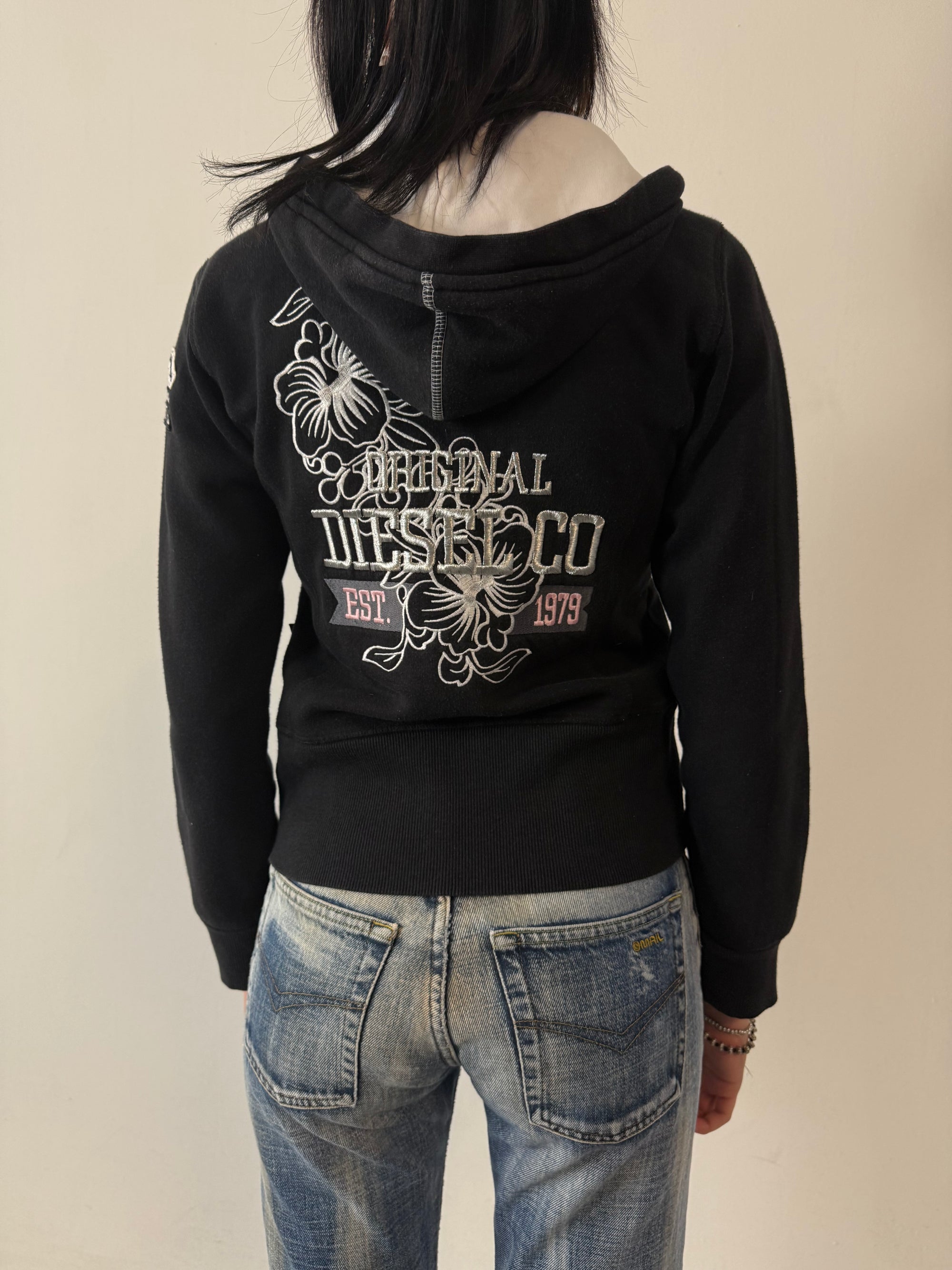 Vintage Diesel Black Zip Hoodie with Flower Backprint S/M