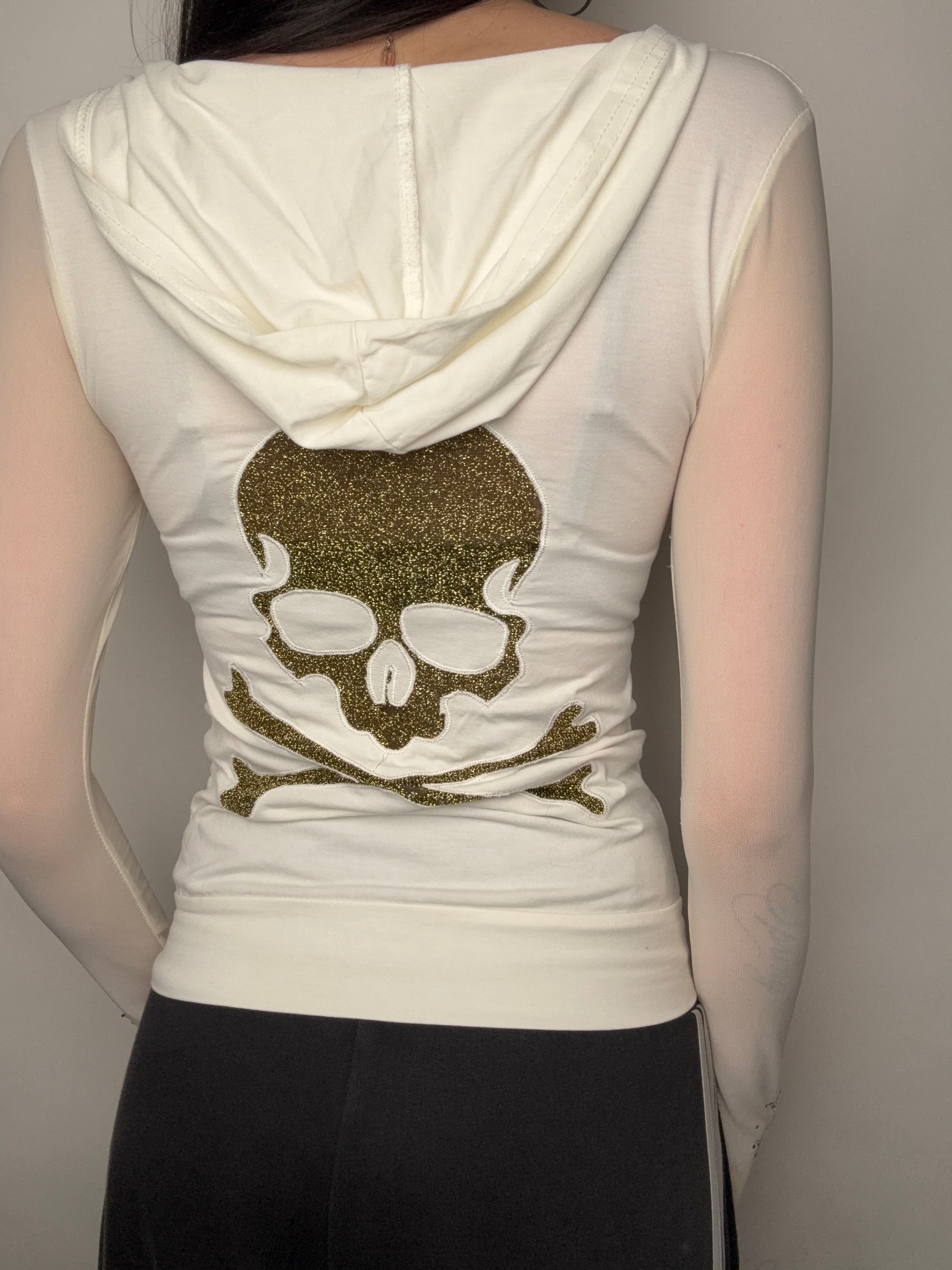 Vintage Glitter Skull Zip Up Hoodie for women. Y2K Second Hand 2000s Fashion 