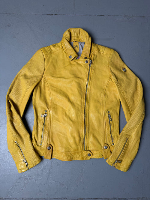 Vintage Gipsy Yellow Leather Jacket für Damen. Y2K Secondhand 2000s Fashion.