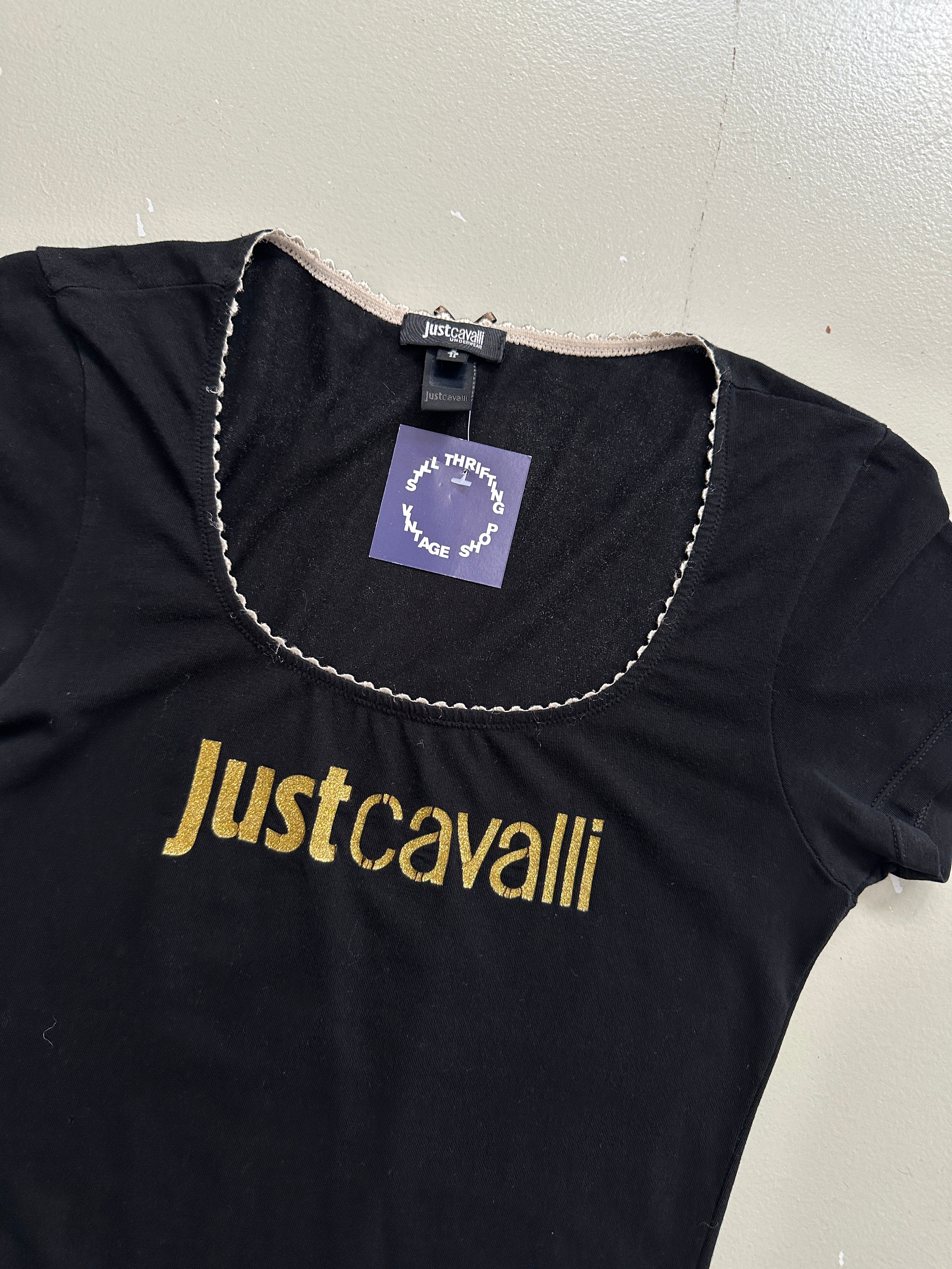 Vintage Just Cavalli Black Top with Gold Logo S