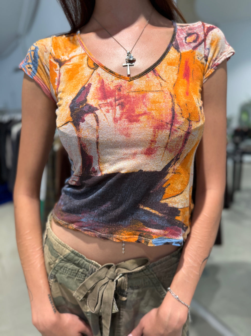 Vintage Just Cavalli Mesh T-Shirt für Damen. Y2k Second Hand 2000s Fashion.