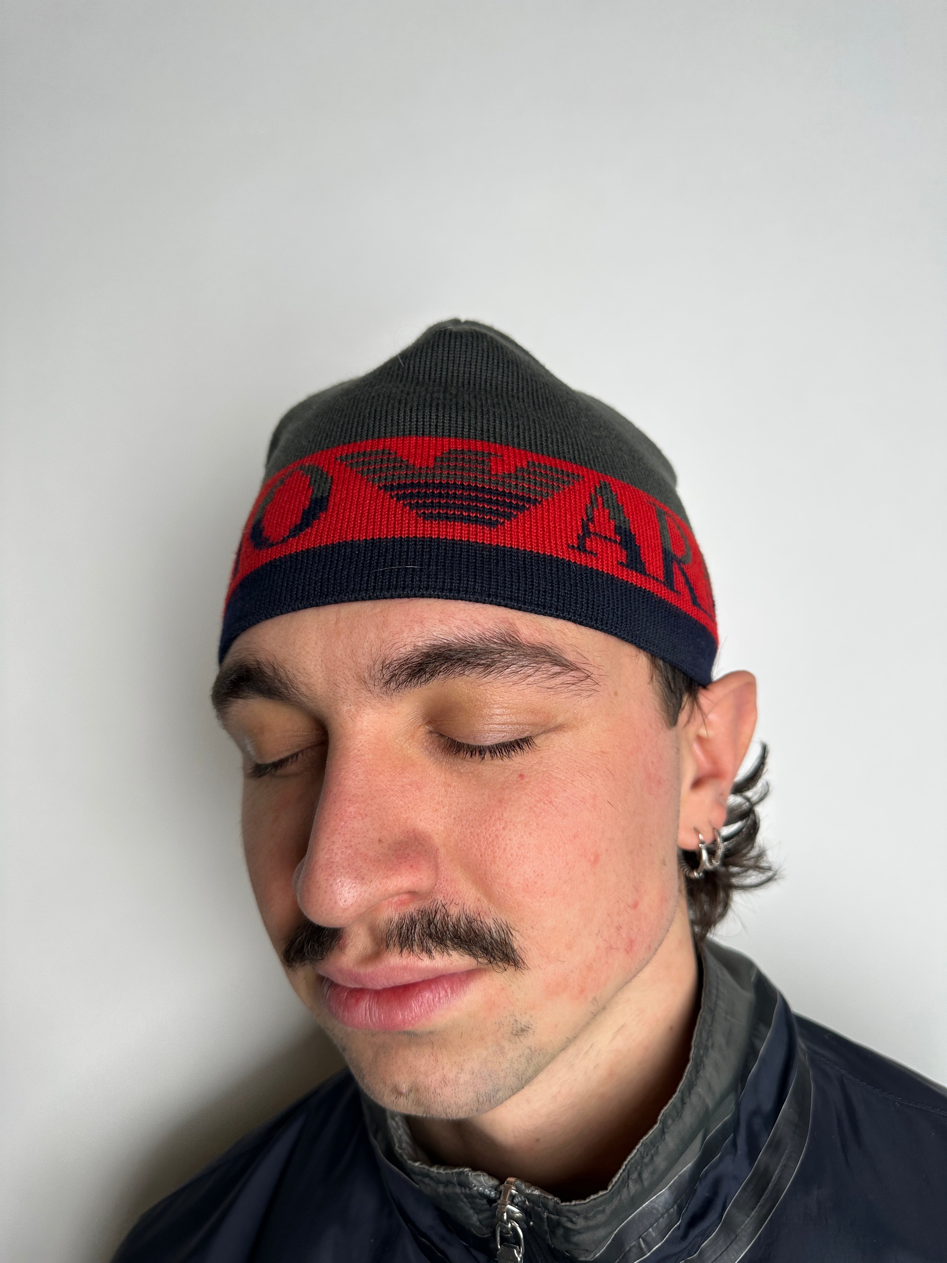 Vintage Emporio Armani Grey and Red Beanie