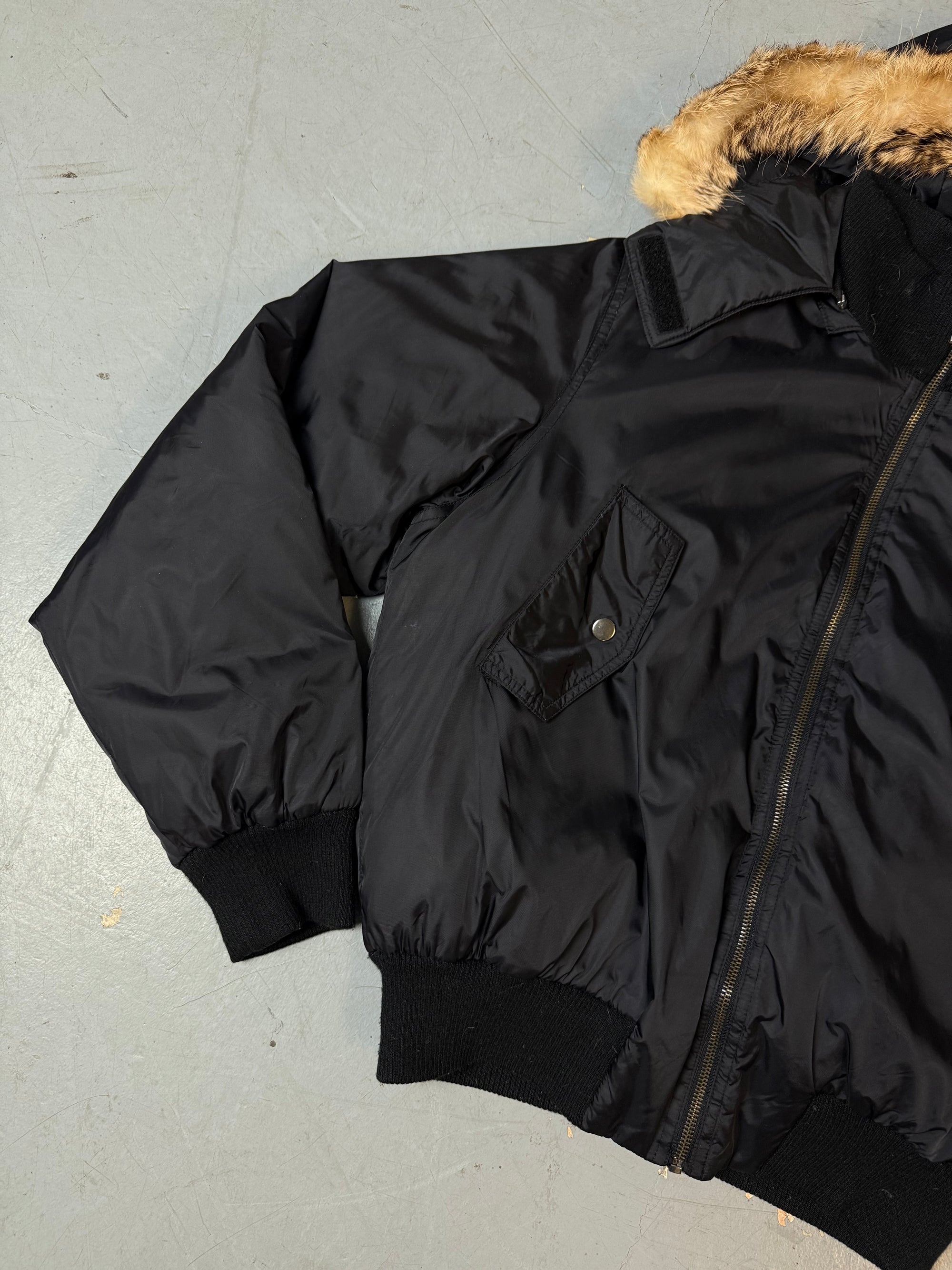 Vintage Y2K Black Bomber Jacket with Fur Hood M/L