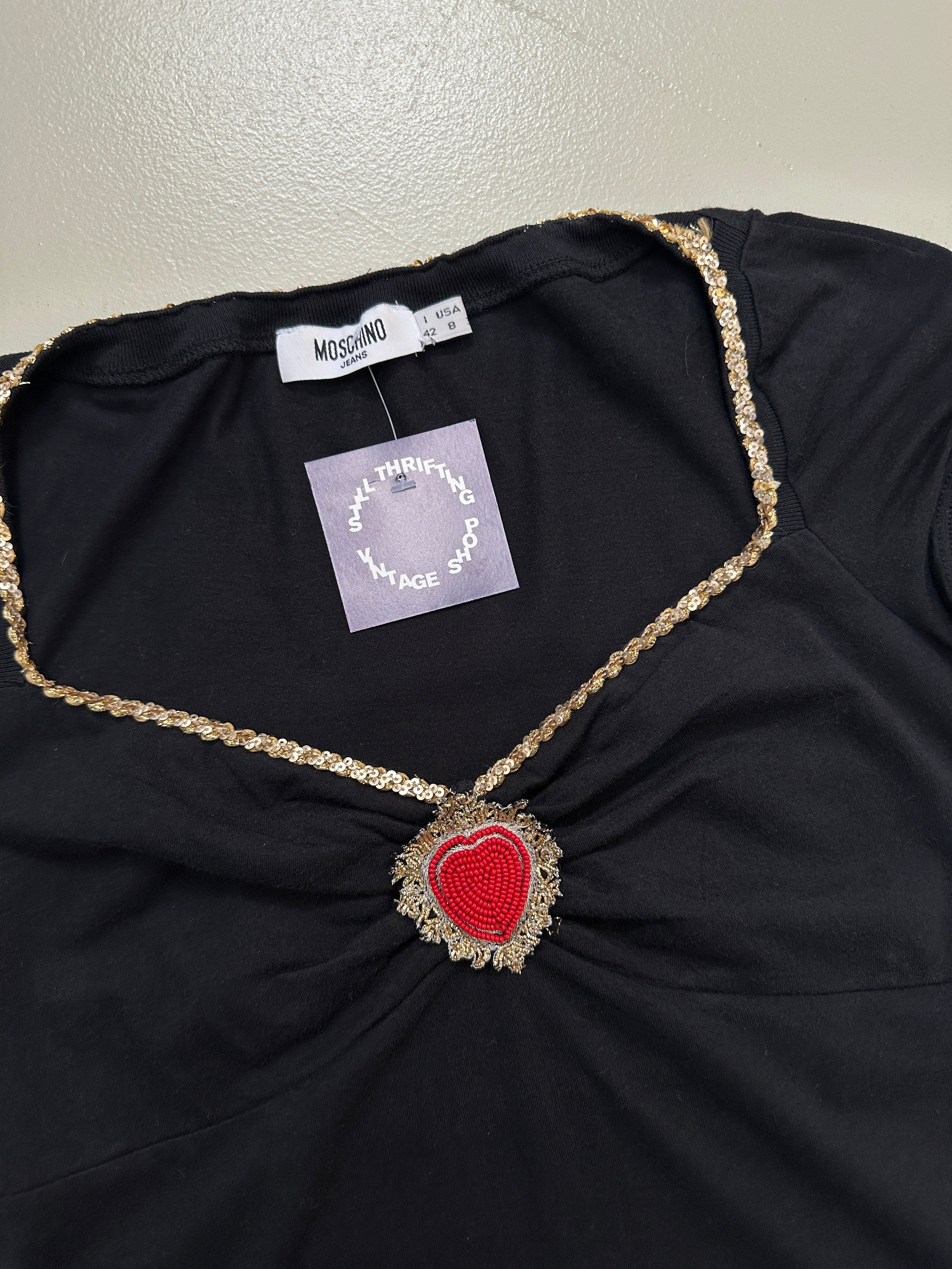 Vintage Moschino Black Top with Gold Rim für Frauen. Y2K Second Hand 2000s Fashion