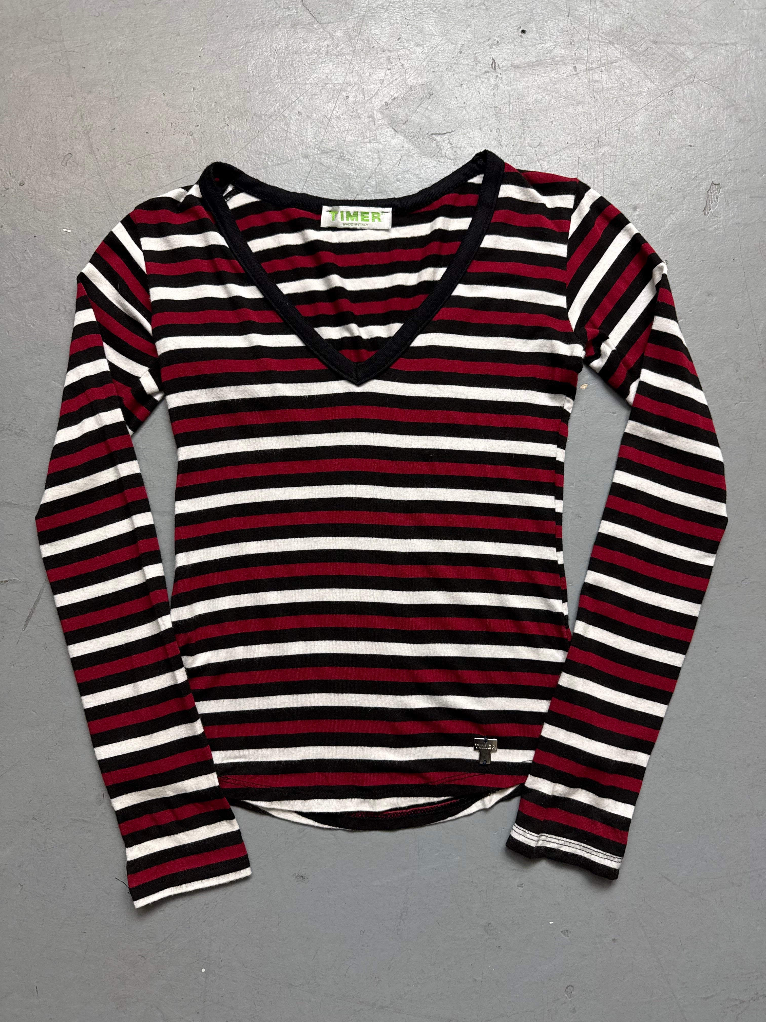 Vintage Timer Red Striped Longsleeve für Damen. Y2K Second Hand 2000s Fashion