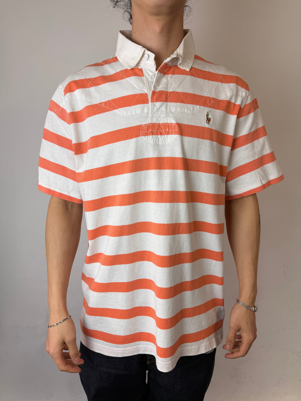Vintage Polo Ralph Lauren White Orange Striped Polo Shirt für Herren. Y2K Second Hand 2000s Fashion