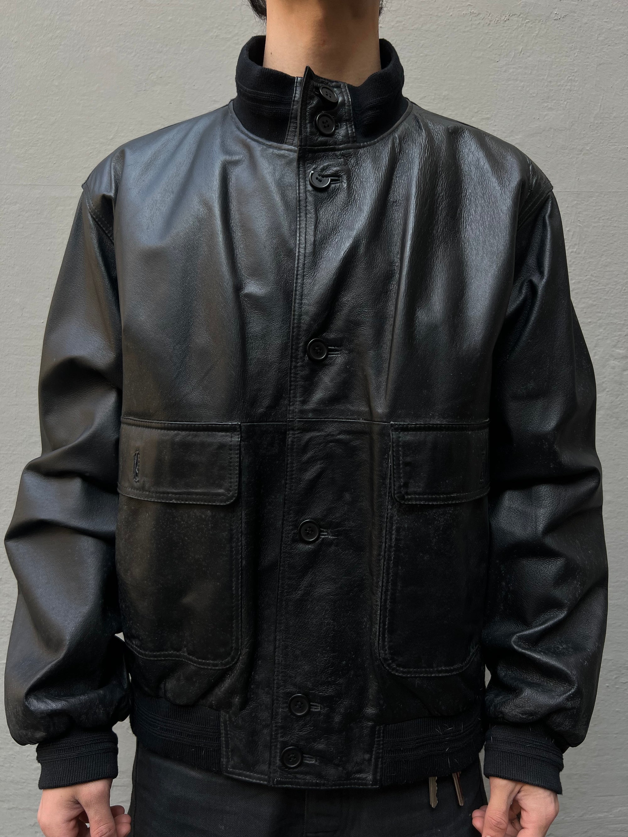 Vintage Black Button Up Leather Jacket L/XL