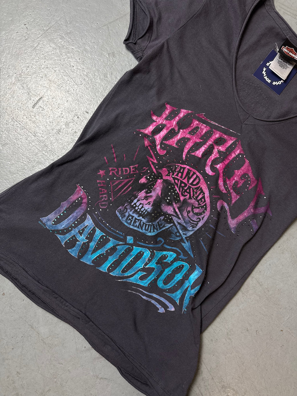 Vintage Harley Davidson Grey T-Shirt with Rhinestones S