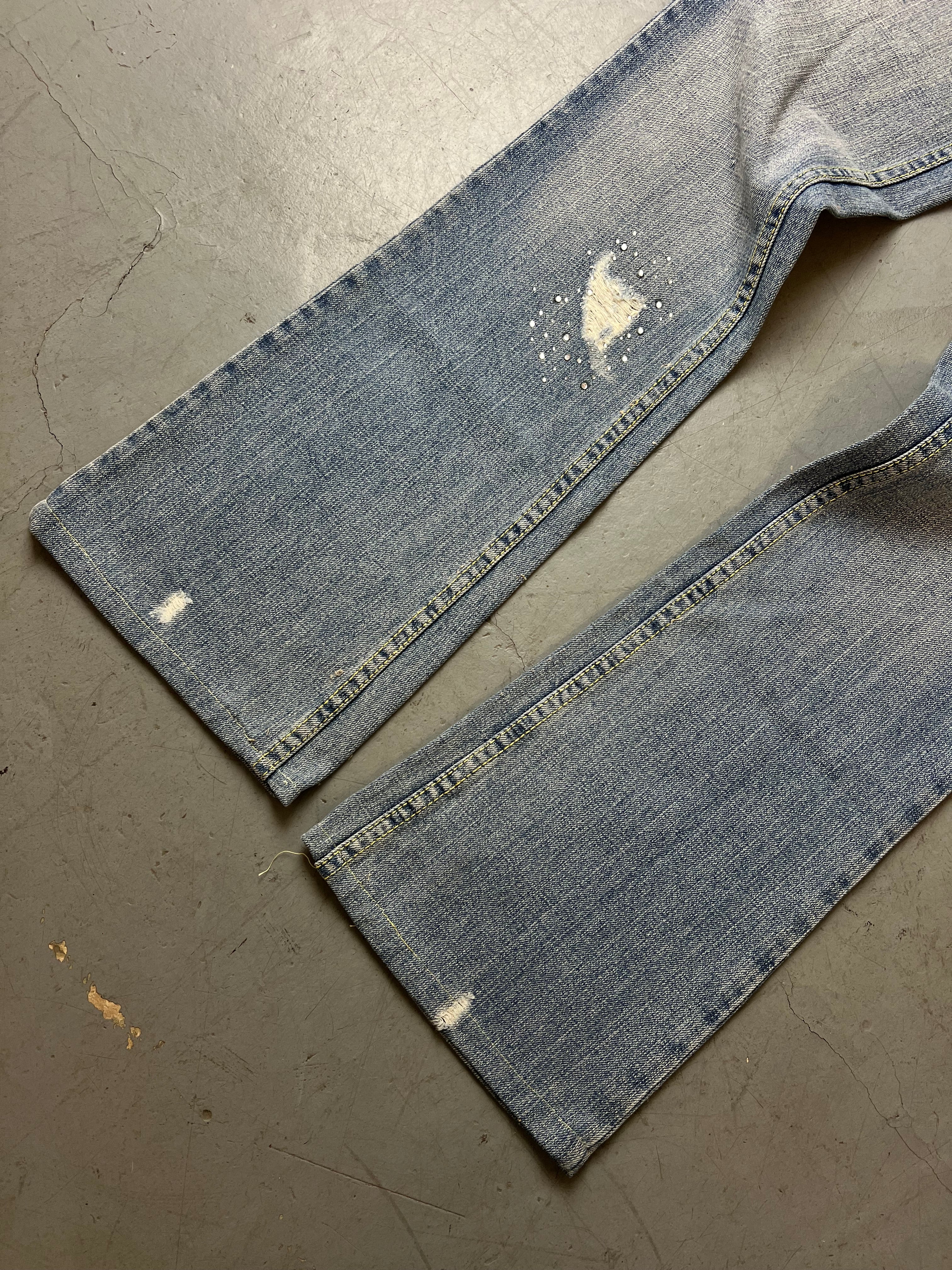 Vintage Low Waist Bootcut Jeans with Rhinestones für Damen. Y2K Second Hand 2000s Fashion