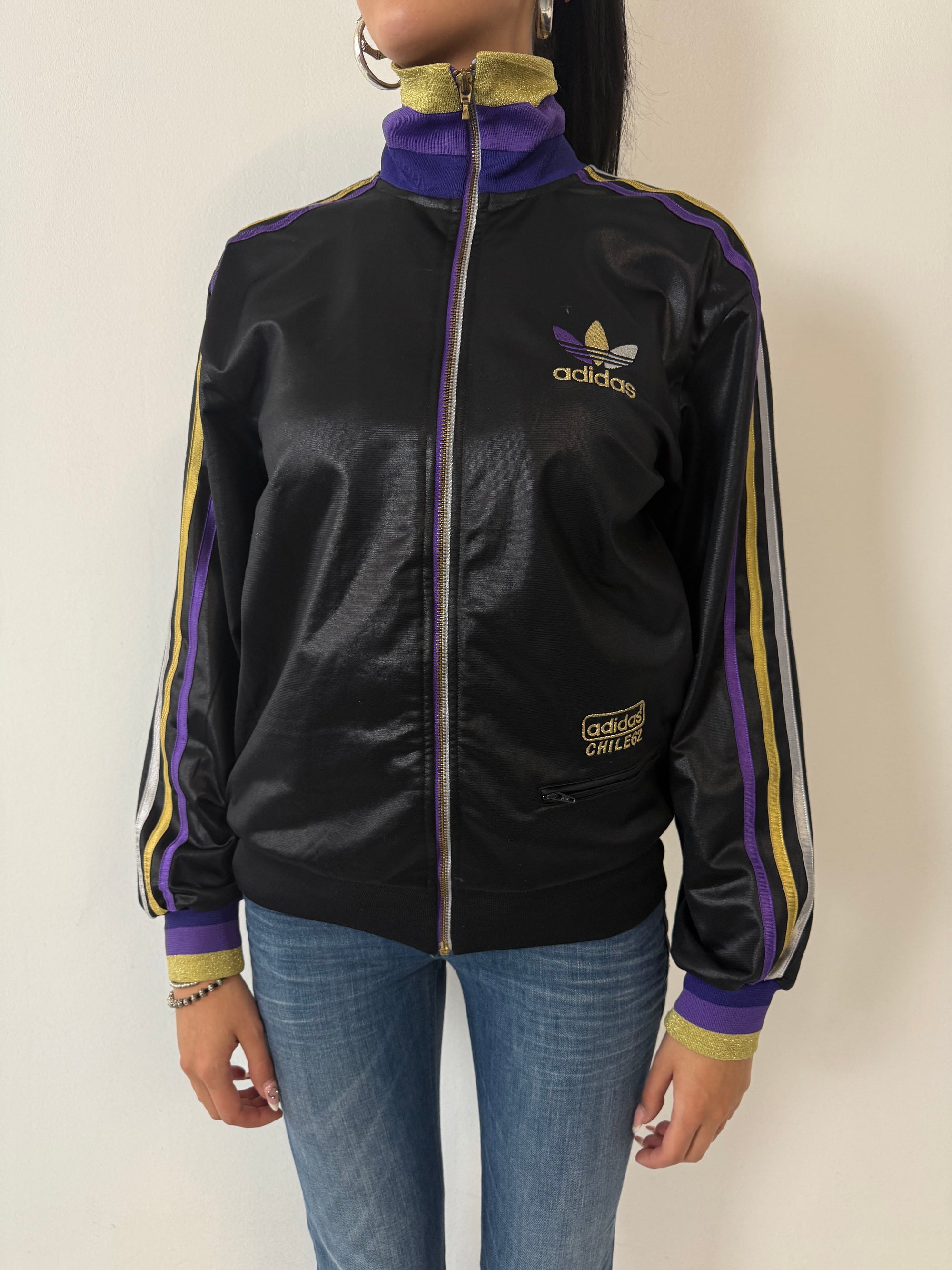 Vintage Adidas Chile62 Black Gold and Violet Track Jacket S/M