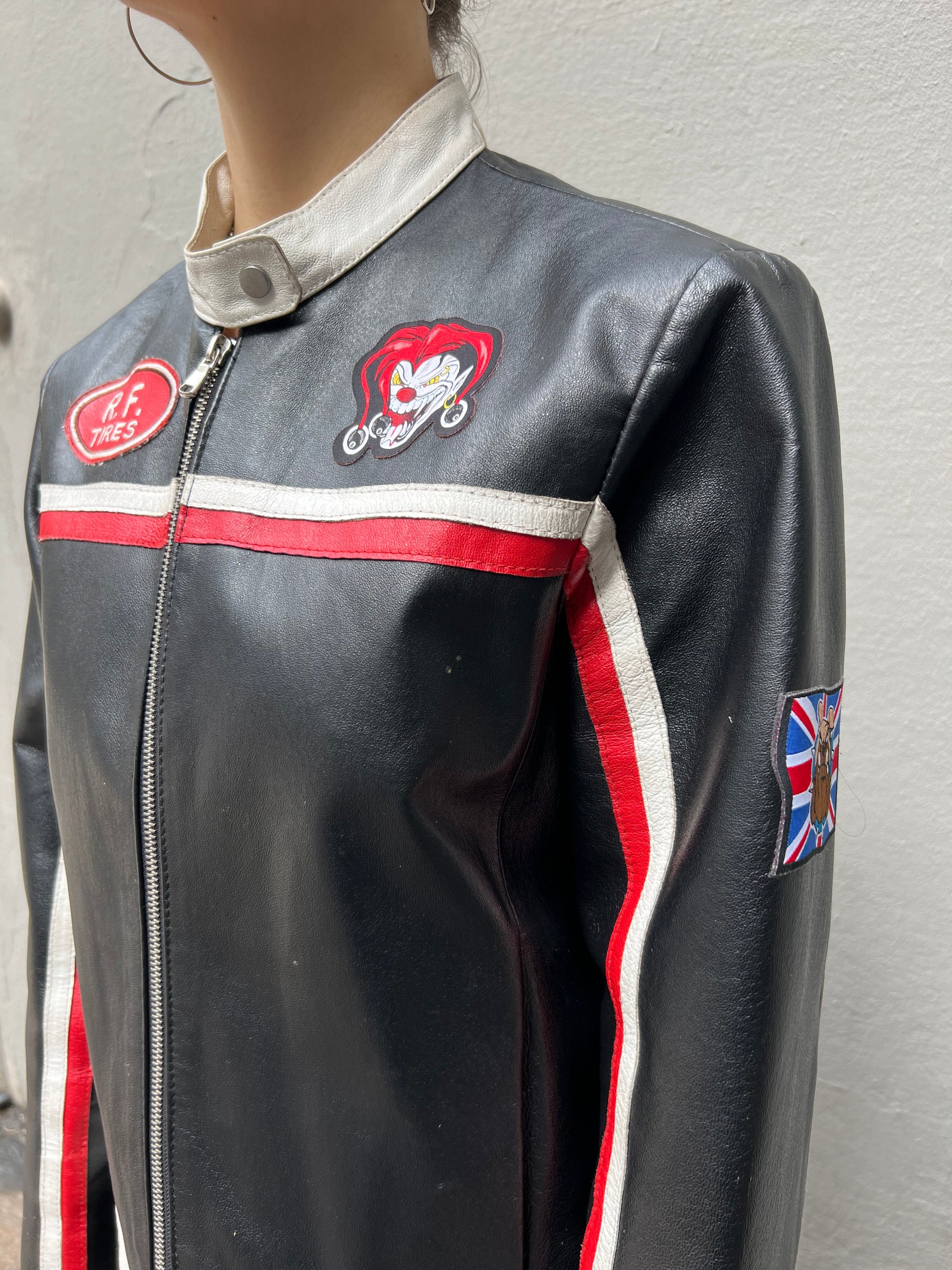 Trage Bild Vintage Leather Racing Jacket Black s Detail patches 