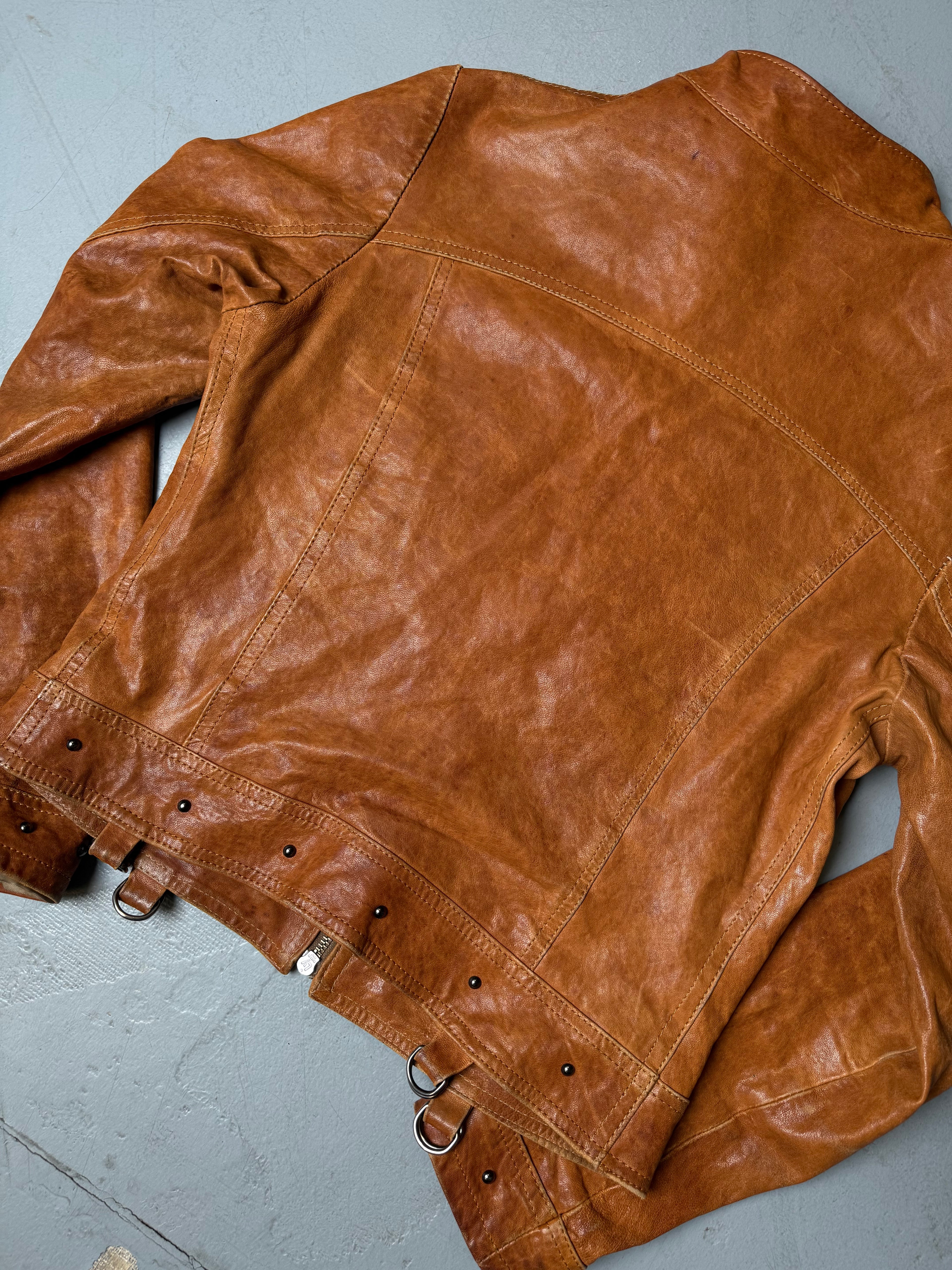 Vintage Blu Gaya Brown Leather Jacket Damen. Y2K Secondhand 2000s Fashion.