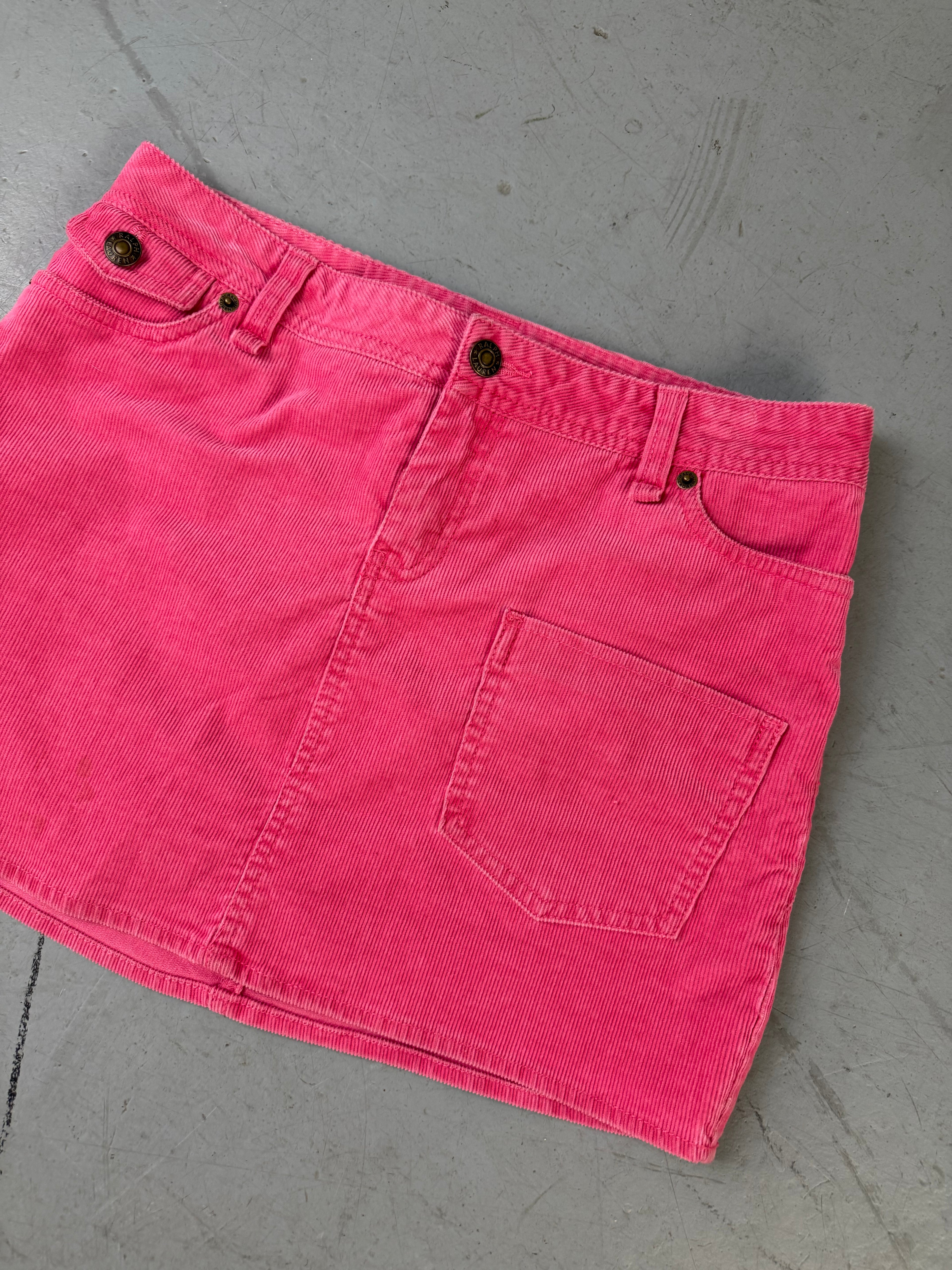 Vintage Ralph Lauren Pink Cord Mini Skirt für Damen. Y2K Second Hand 2000s Fashion