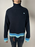 Vintage Adidas Dark Blue Knit Sweater 2005 mit hellblauen Details für Herren. Y2K Second Hand 2000s Fashion