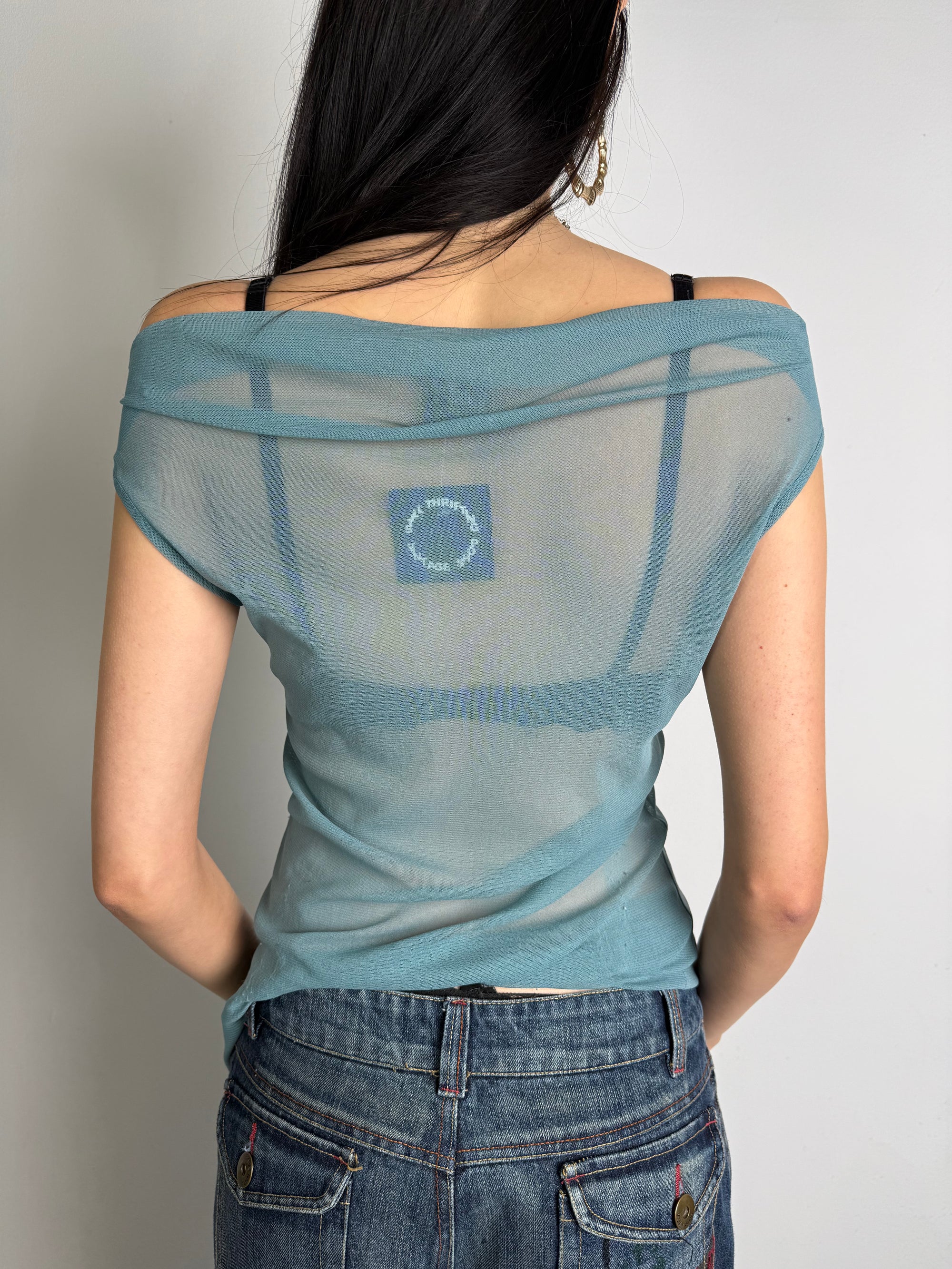 Vintage Blue Mesh Seethrough Tank Top M