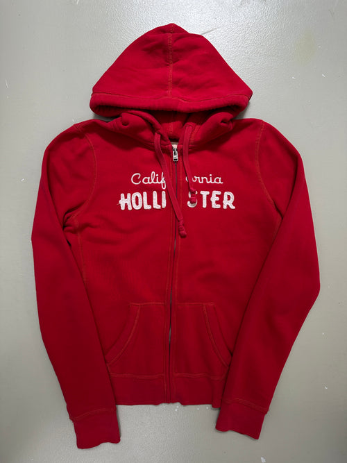 Vintage Hollister Red Hooded Zip Jacket für Damen. Y2K Second Hand 2000s Fashion 