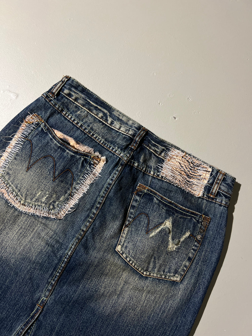 Vintage Jeans Midi Skirt with Ripped Details M