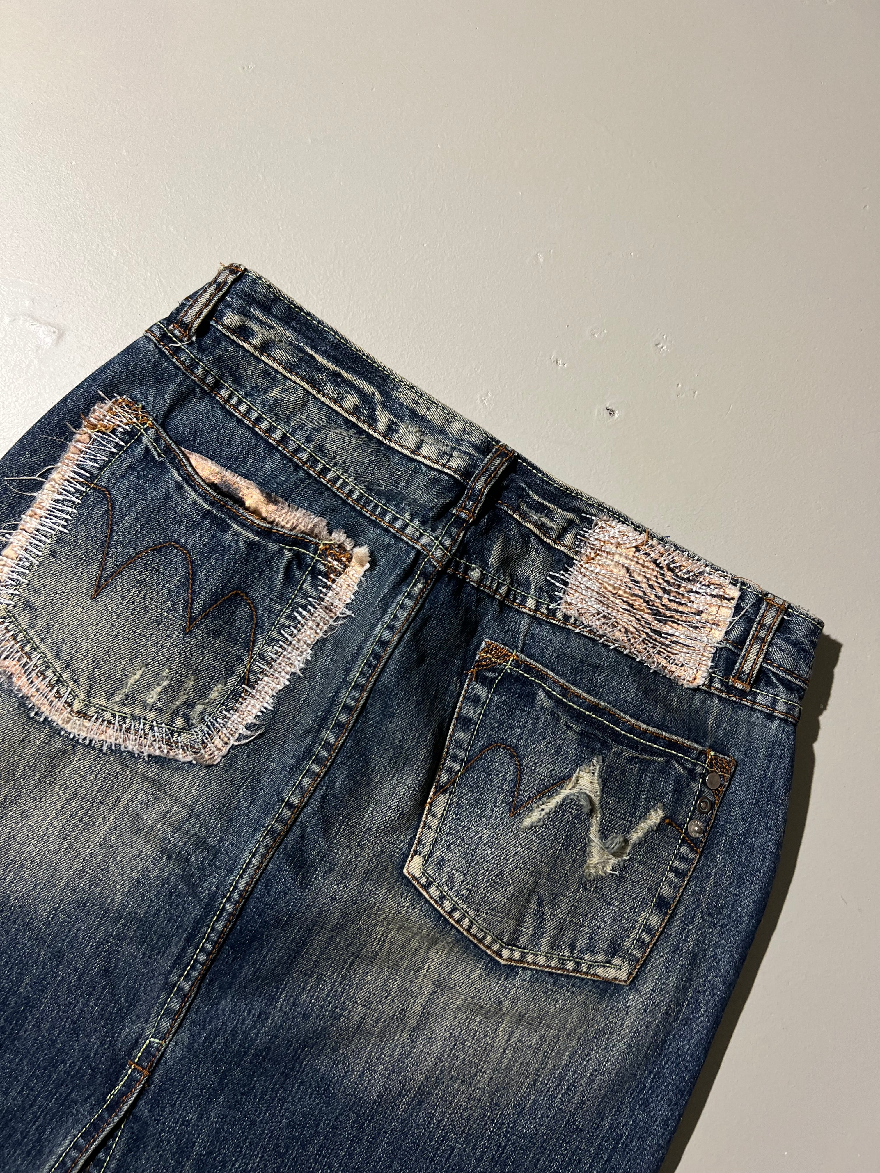 Vintage Jeans Midi Skirt with Ripped Details M